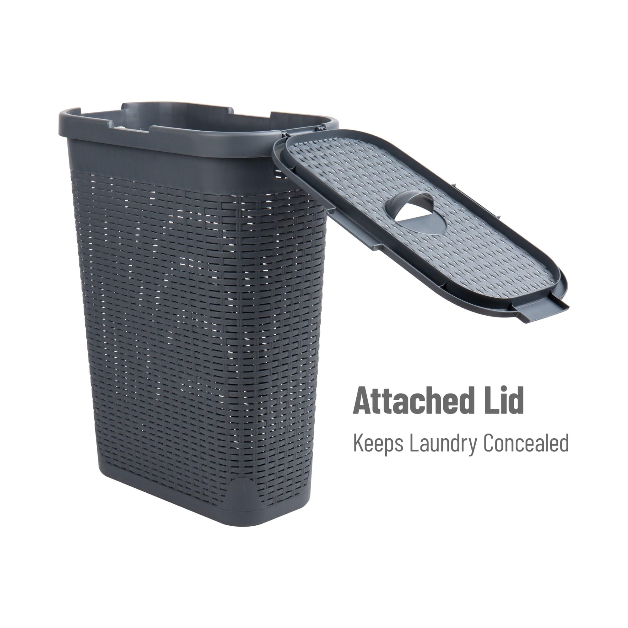 Mind Reader 40L Slim Laundry Hamper, Clothes Basket, Lid, Wicker Design, Plastic, 18''L X 10.4''W X 23.5''H, Gray