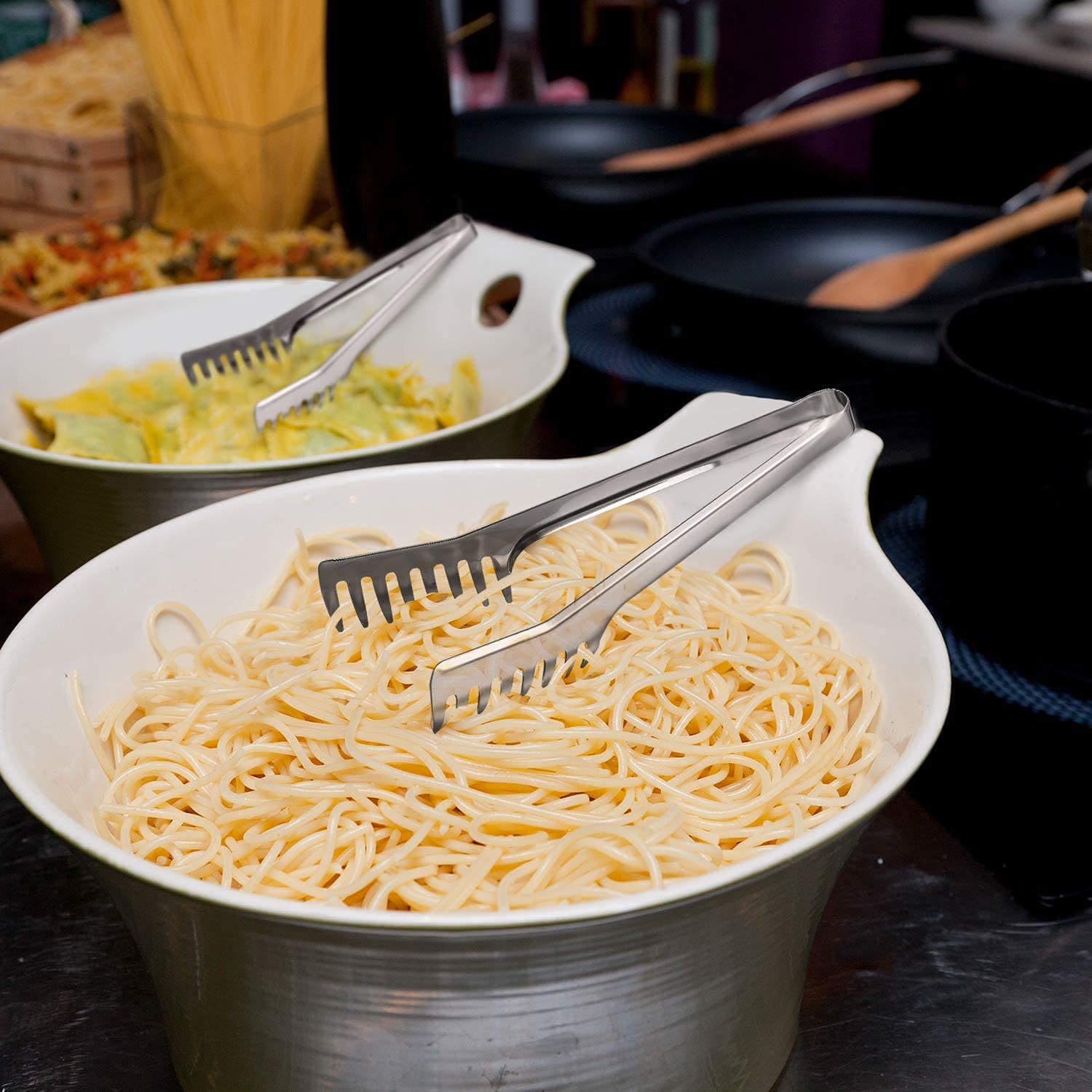 Horntide Stainless Steel Pasta Tongs Pack Of 2 Piece Teethed Ends Design For Spaghetti Noodle Pastry Kitchen Serving Tong Set 8-