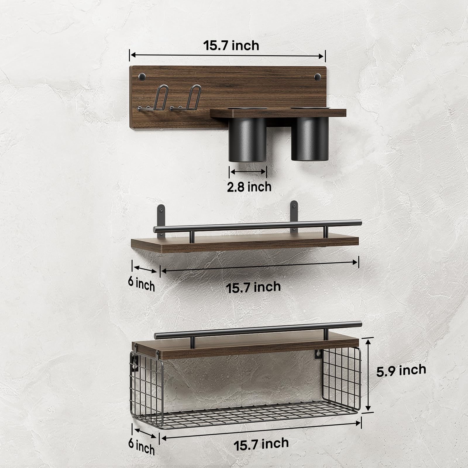 Roledes Bathroom Floating Shelves With Hair Dryer Holder - Wall Mounted Wood Wall Shelf With Blow Dryer Storage Over The Toilet