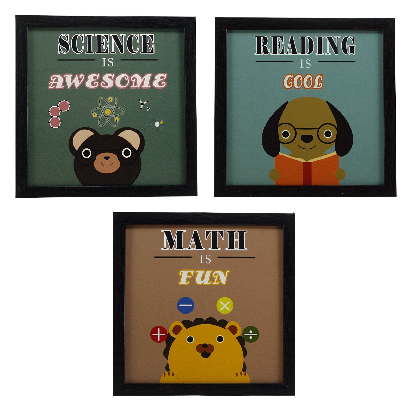Indianara 3 Piece Set of Framed Wall Hanging Kids Room Decor Science Math Reading Art Prints 8.7 INCH X 8.7 INCH Without Glass