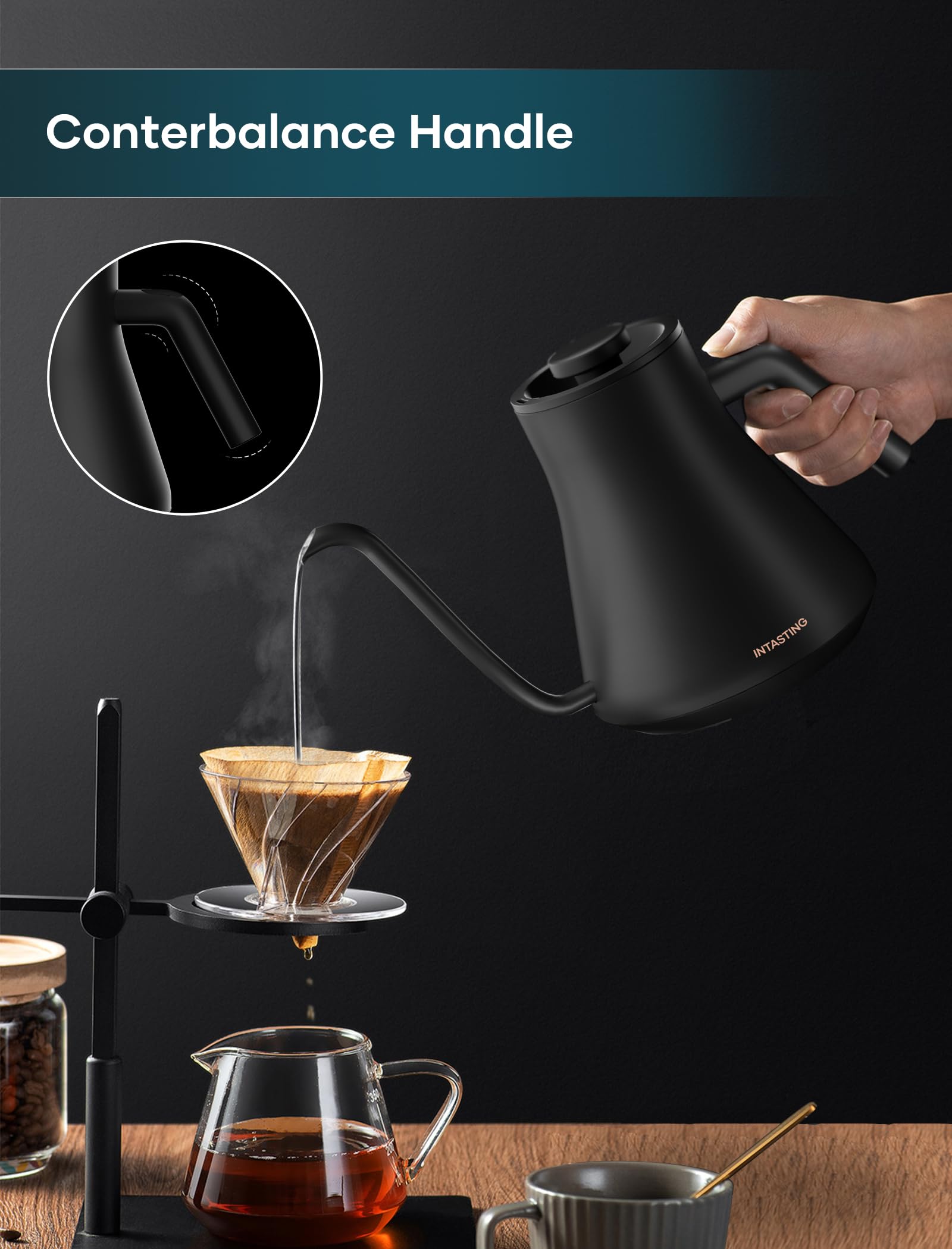INTASTING Gooseneck Electric Kettle, 1500W, ±1℉ Temp Control, Stainless Steel, 0.9L, Black, Model CEK-219