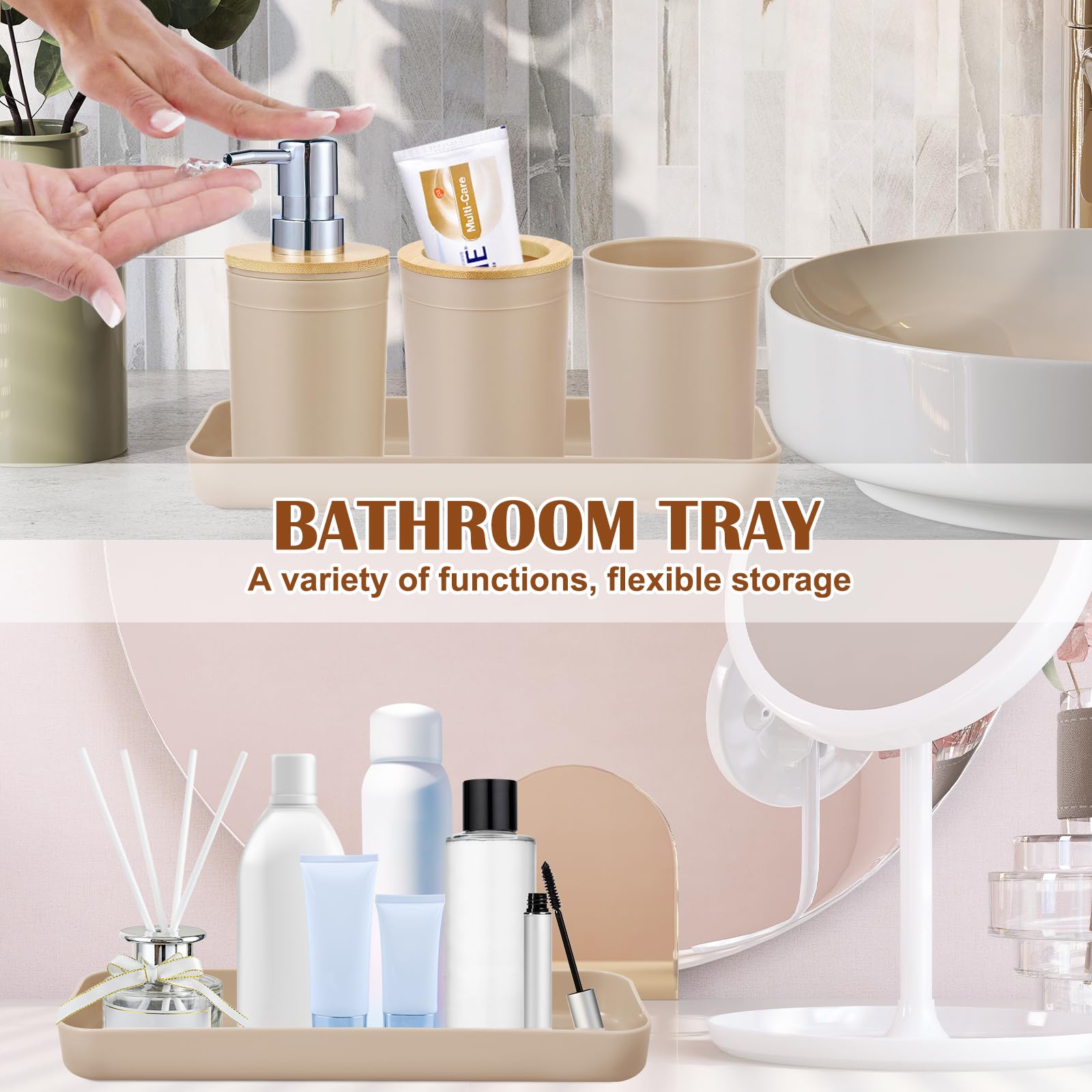 Imucci Bathroom Accessories Set - With Trash Can Toothbrush Holder Soap Dispenser Soap And Lotion Set Tumbler Cup(9Pcs Beige Woo