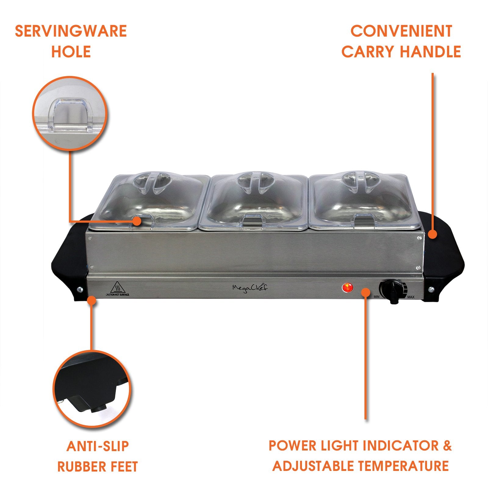 Megachef Stainless Steel Easy Clean Buffet Server & Food Warmer With 3 Sectional Trays