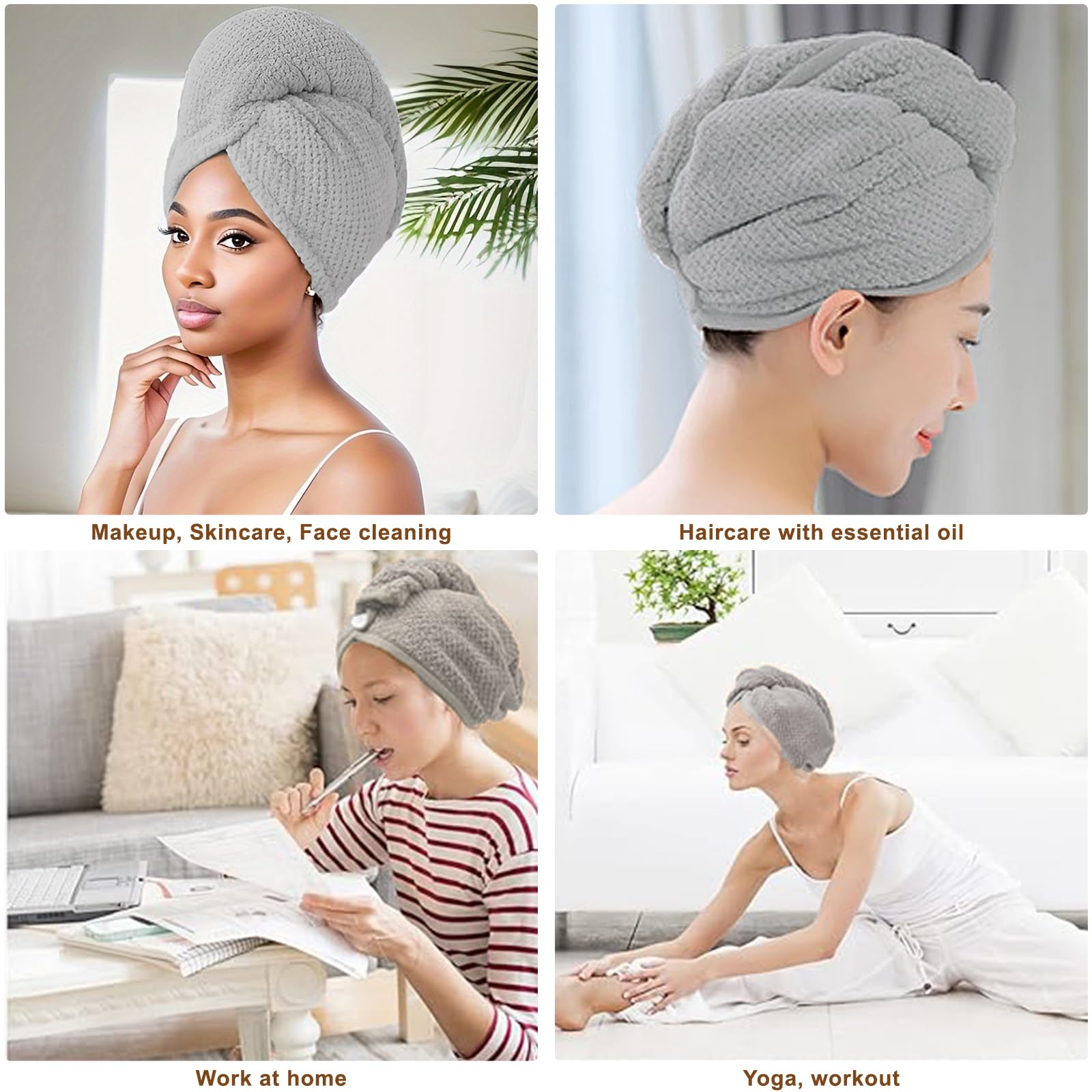 Kldnkig Microfiber Hair Towel Wrap, 3 Pack (Gray) Soft Hair Drying Towel, Hair Turban Towel Set Curly, Ultra Absorbent Twist Hai