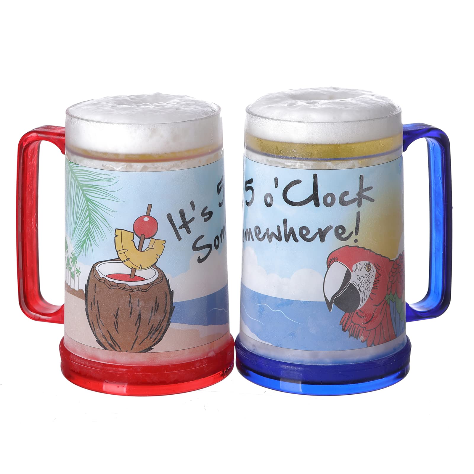Easicozi It'S 5 O'Clock Somewhere Party Parrot Double Wall Gel Frosty Freezer Ice Mugs Clear 16Oz Set Of 2