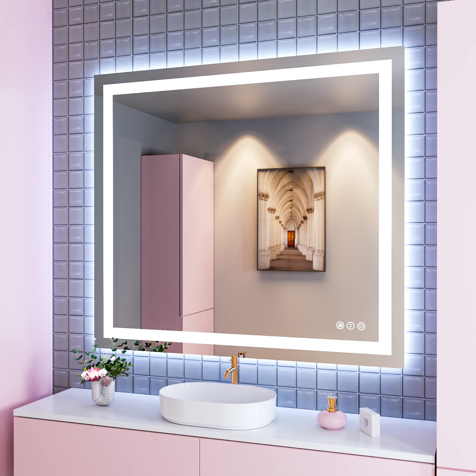 Amorho Led Bathroom Mirror 40''X 36'' With Front And Backlit, Stepless Dimmable Wall Mirrors With Anti-Fog, Shatter-Proof, Memor