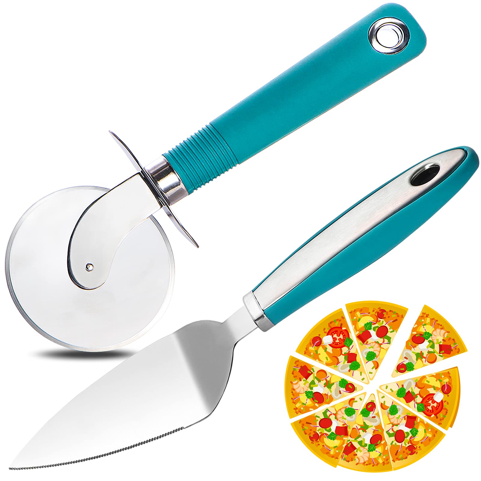 Webake Pizza Cutter Wheel Pie Serve Set, Large Pizza Slicer Stainless Steel Pie Cake Cutter With Non-Slip Green Handle, Ideal Fo