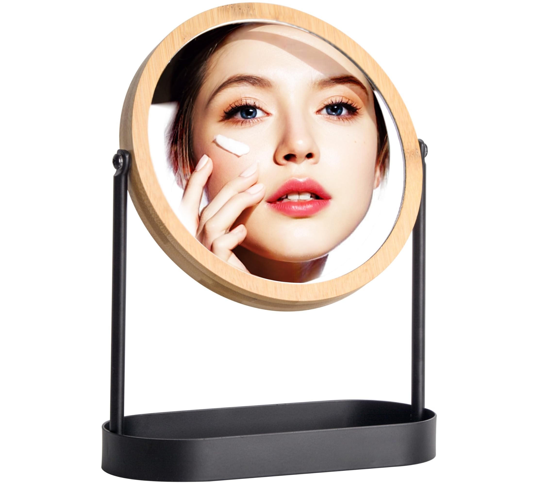 Clasin Home Bamboo Makeup Mirror With Storage, Double Sided Vanity Mirror 360 Rotation, 1X 3X Magnifying Table Mirror For Desk,