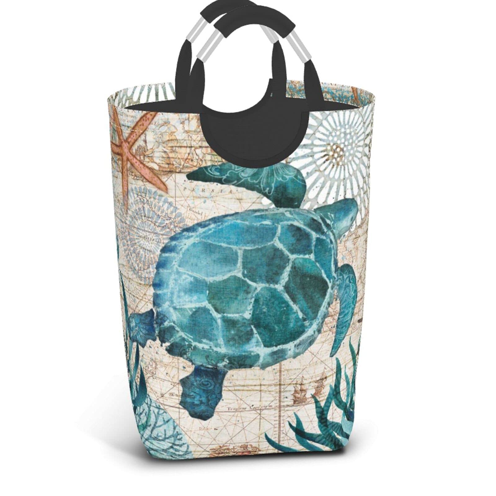 Duduho Sea Turtle Laundry Basket With Handles Nautical Map Retro Ocean Laundry Hamper Toys Storage Organizer Foldable Bucket Was