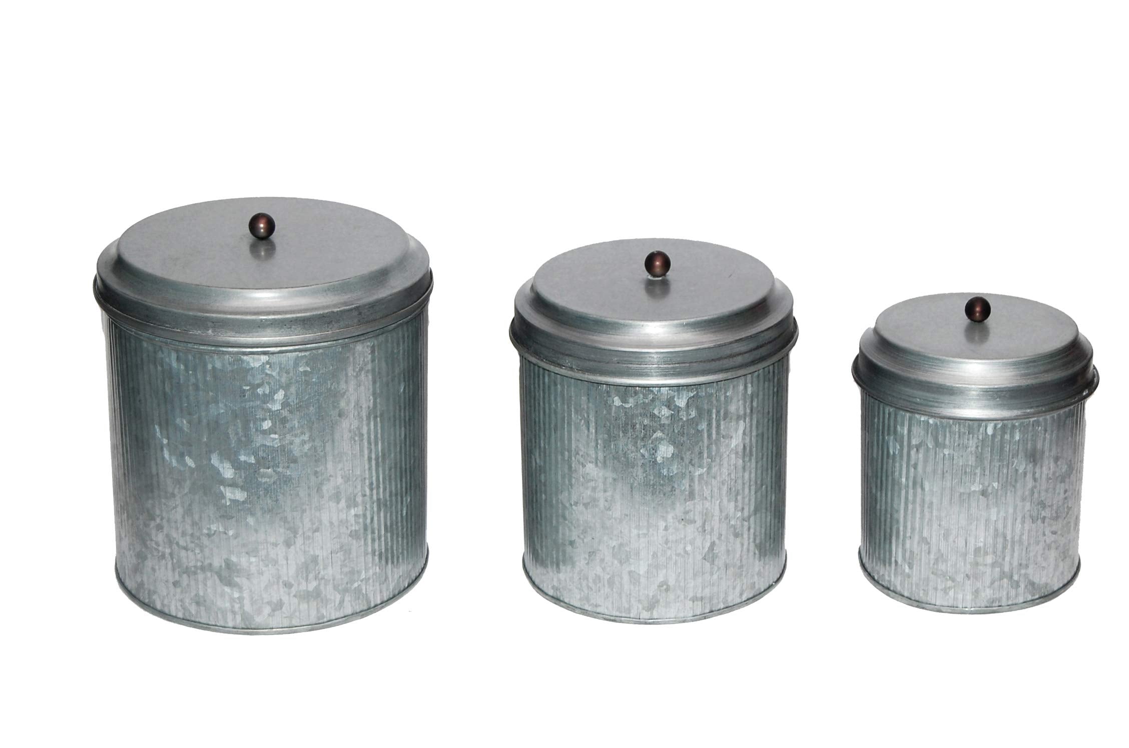 Benjara Galvanized Metal Lidded Canister with Ribbed Pattern, Set of Three, Gray
