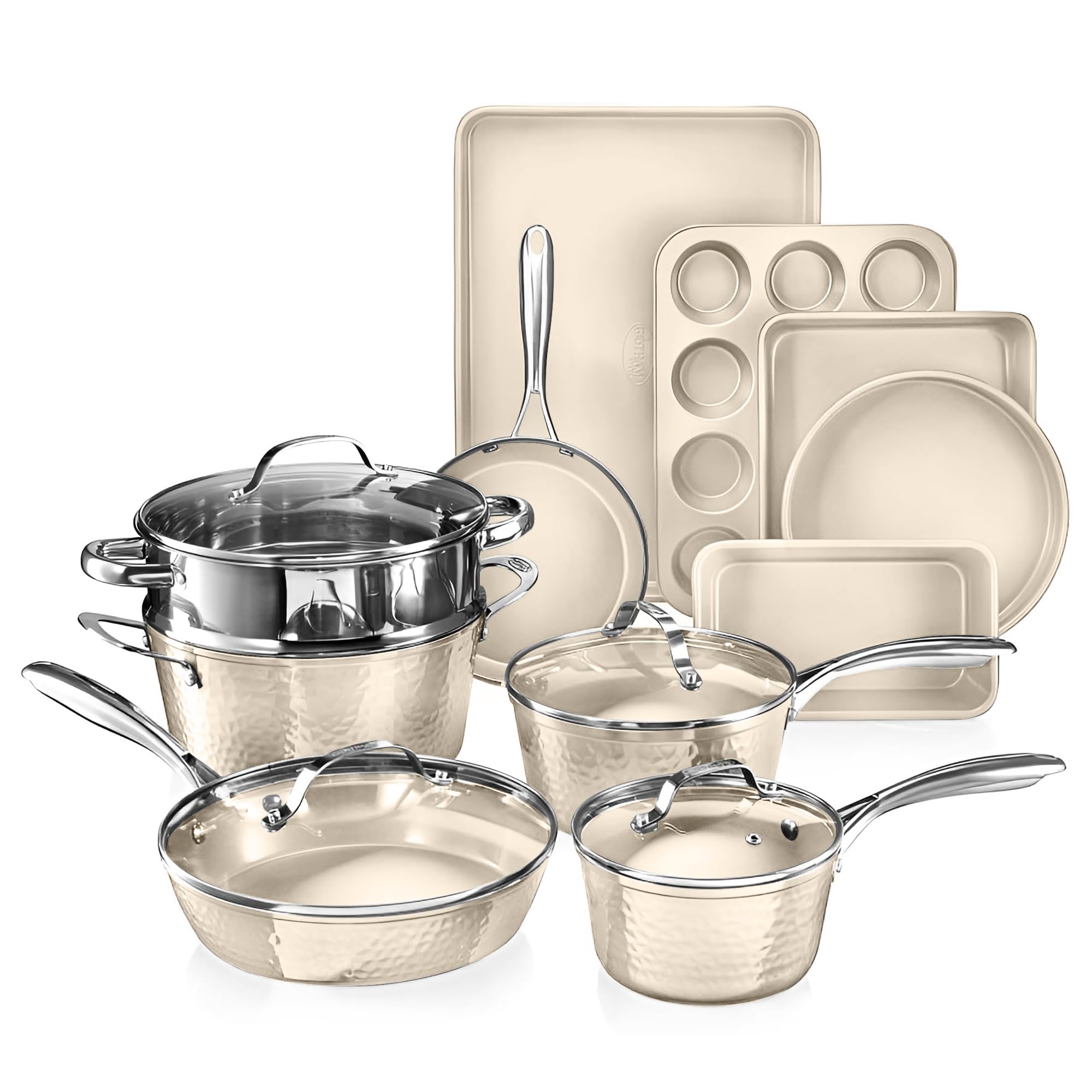 Gotham Steel Hammered 15 Piece Pots and Pans Set Non Stick Cookware Set, Pot and Pan Set, Kitchen Cookware Sets, Non Toxic Ceram