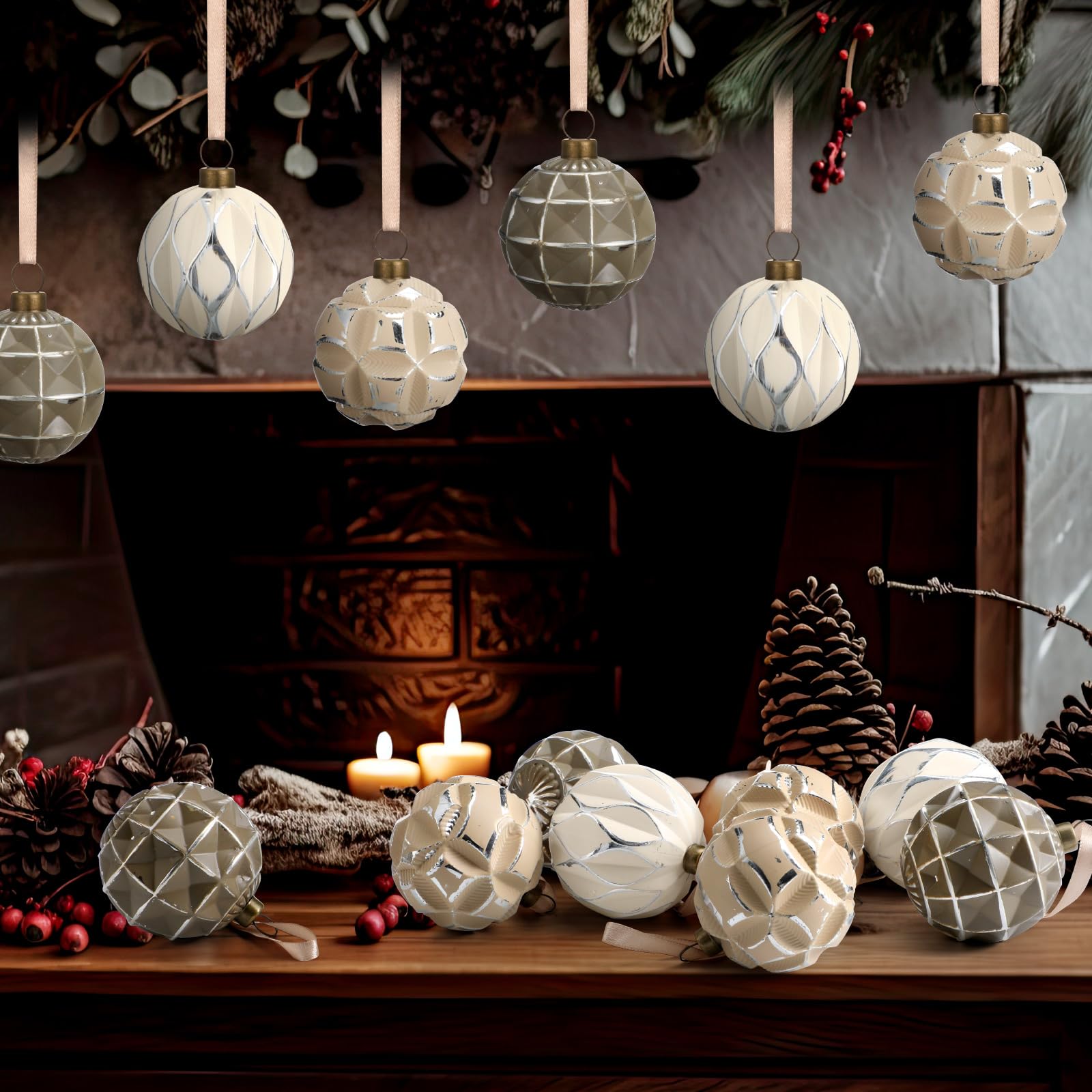 Syhood 24 Pcs Neutral Textured Christmas Ball Ornaments 2.4 Inch Vintage Boho Cream Beige Brown Xmas Bulbs Rustic Distressed Xma
