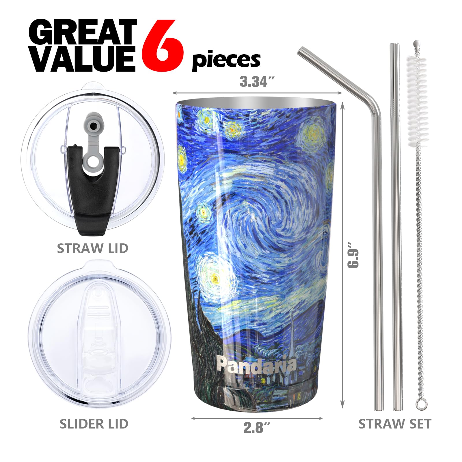 Pandaria 20 Oz Stainless Steel Vacuum Insulated Tumbler With Lid - Double Wall Travel Mug Water Coffee Cup For Ice Drink & Hot B