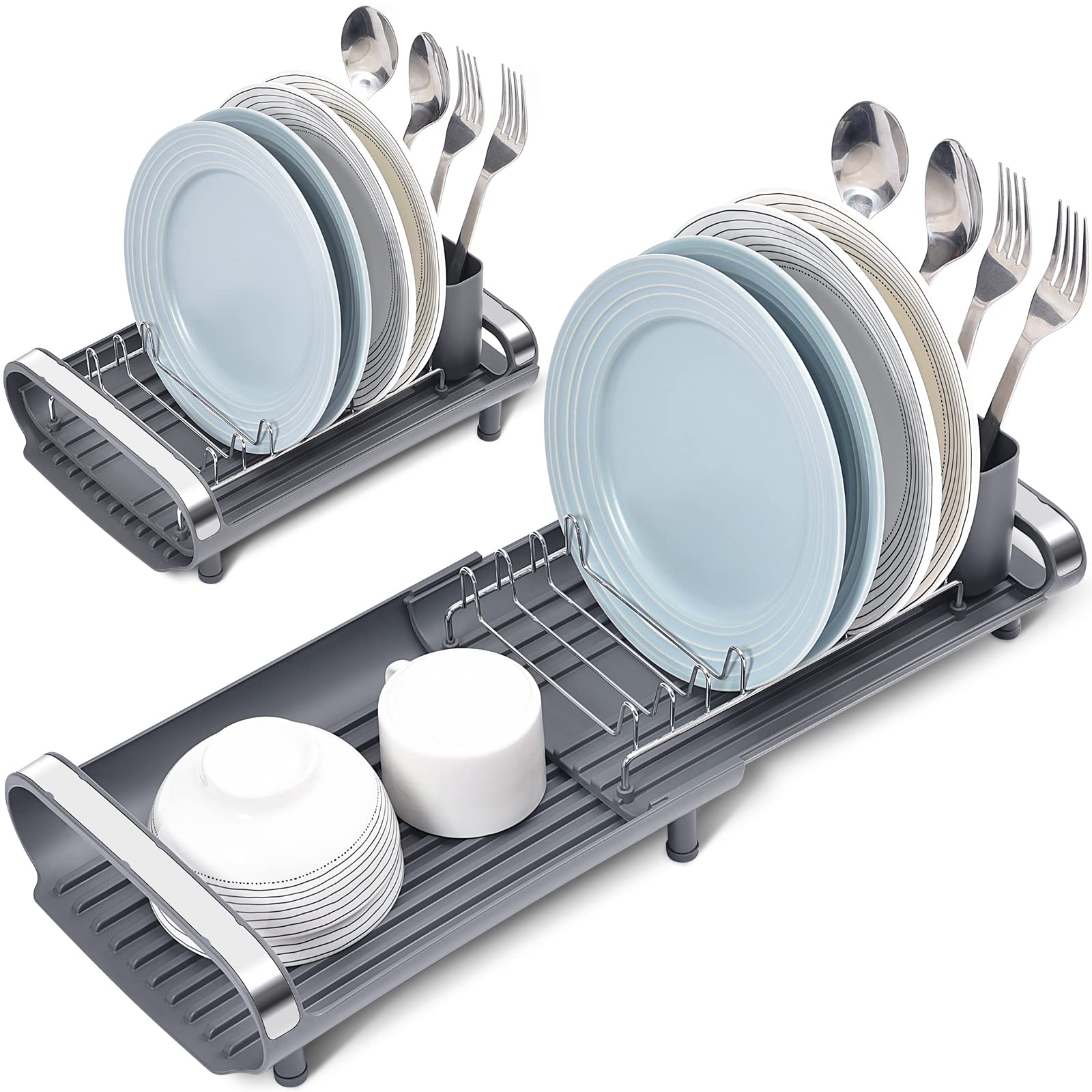 Toolf Expandable Dish Rack, Compact Dish Drainer, Stainless Steel Dish Drying Rack With Removable Cutlery Holder, Anti Rust Plat