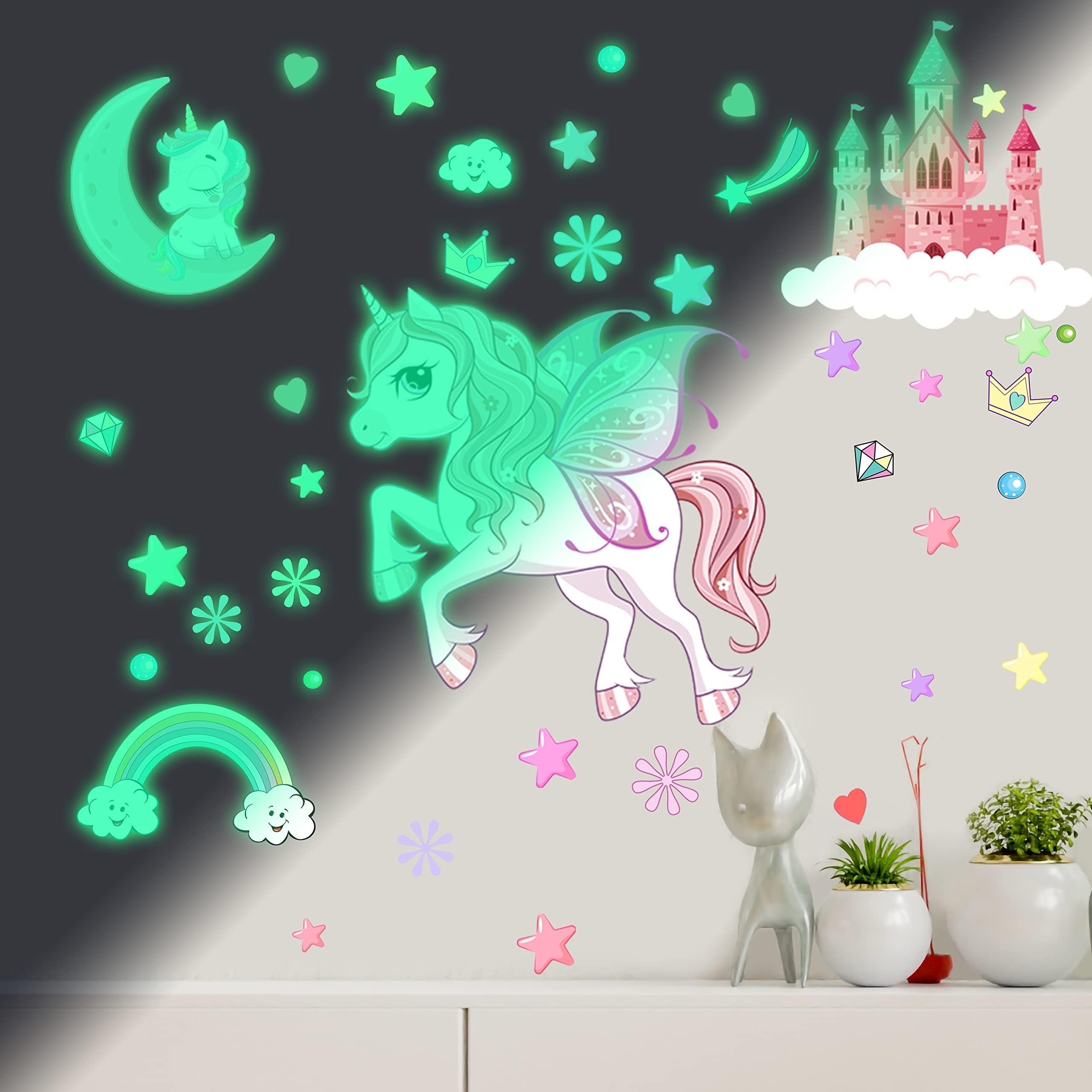 Glow in The Dark Stars Unicorn Wall Decals  Castle Moon Rainbow Stickers for Ceiling  DIY Unicorn Wall Decor for Nursery Girls Playroom  Kids Christmas Birthday Party Decoration