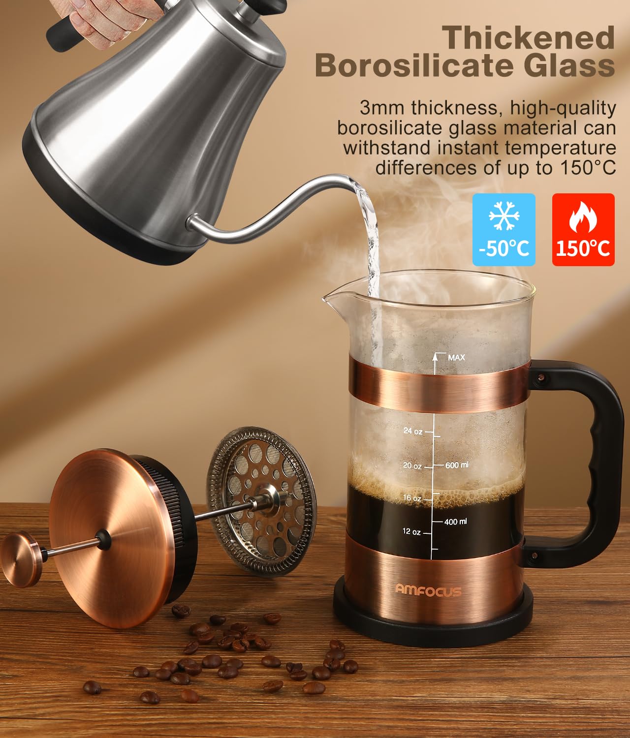 Amfocus French Press Coffee Maker - 34 Ounce Classice Stainless Steel With 4-Level Filtration System, Heat Resistant Thickness B