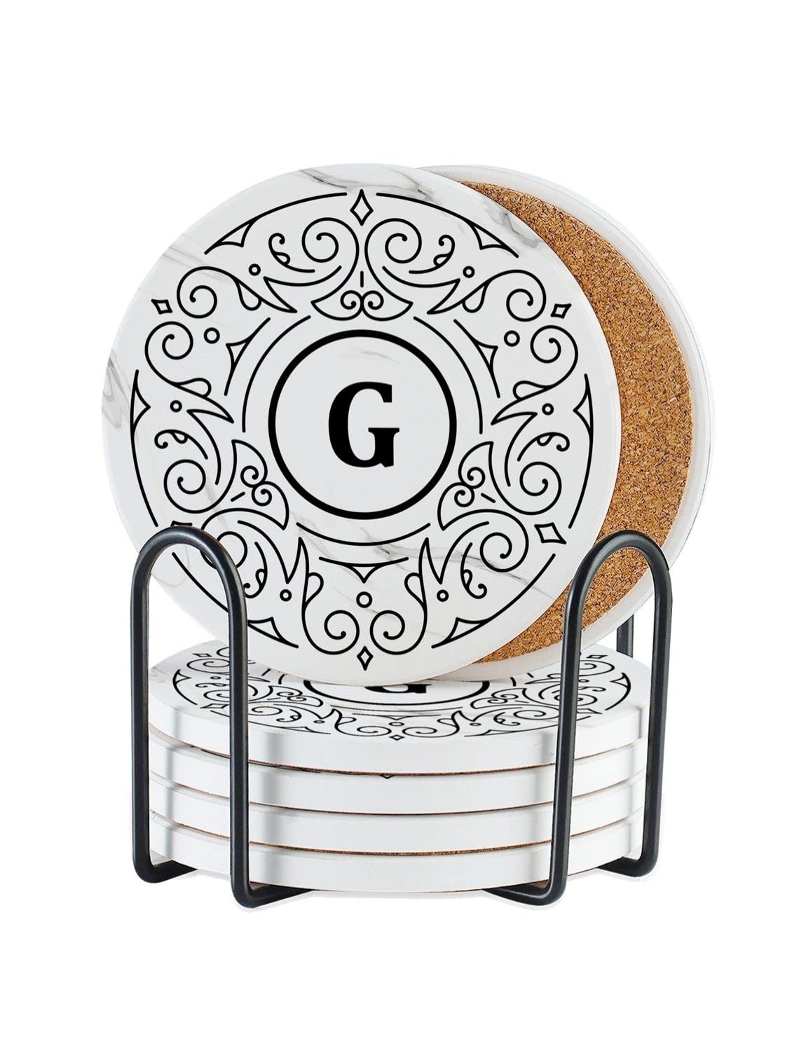 Onebttl Monogrammed Coaster Gifts Set Of 6, Initial Letter, Ceramic, Absorbent With Cork Base, Home Decor For Family, Housewarmi