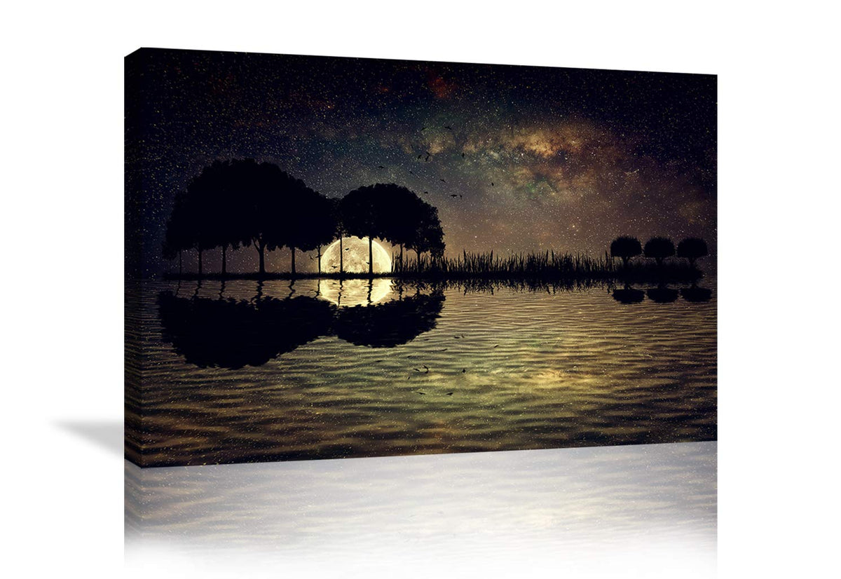 Urttiiyy Guitar Trees Arranged In A Shape Of A Guitar On A Starry Sky Background In A Full Moon Night Canvas Wall Art Modern Hom