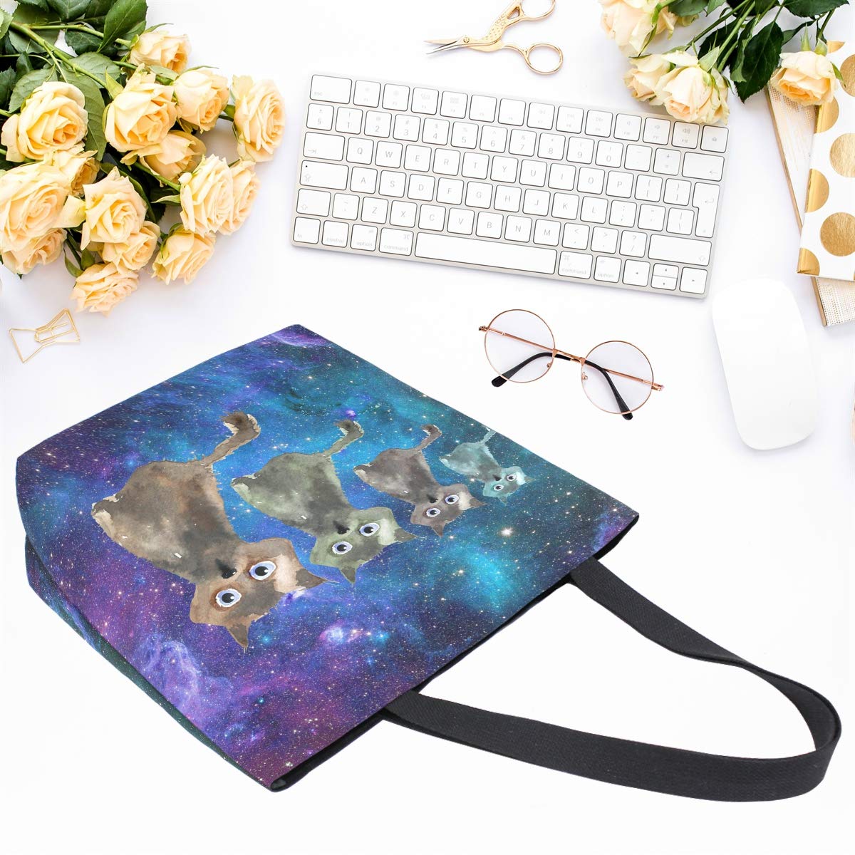Naanle Galaxy Cats Canvas Tote Bag Large Women Casual Shoulder Bag Handbag, Universe Cats Reusable Multipurpose Heavy Duty Shopp