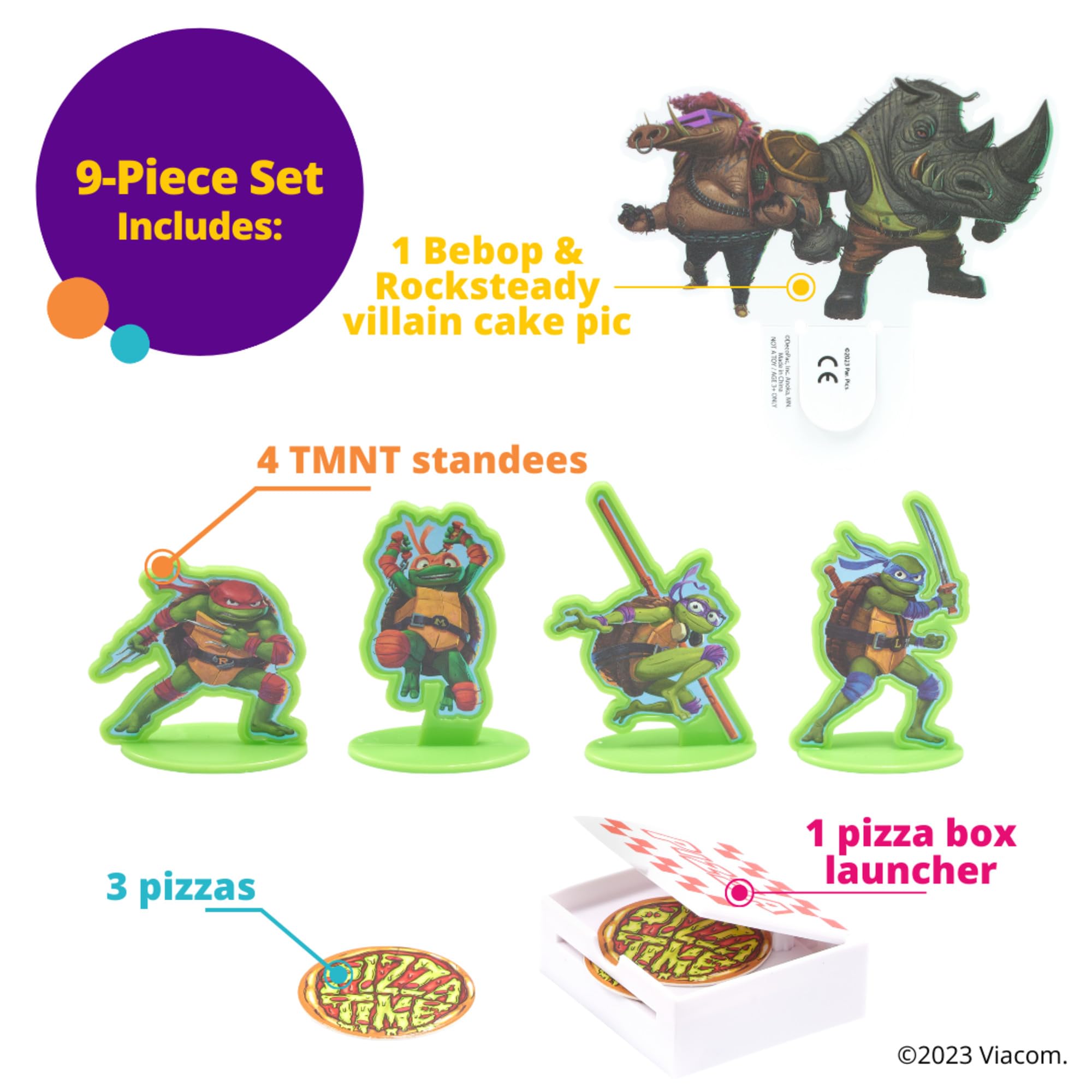 Decoset Teenage Mutant Ninja Turtles Pizza Power Cake Topper, 6-Piece Cake Decoration With Turtle Figurines, Cake Pic, And Pizza