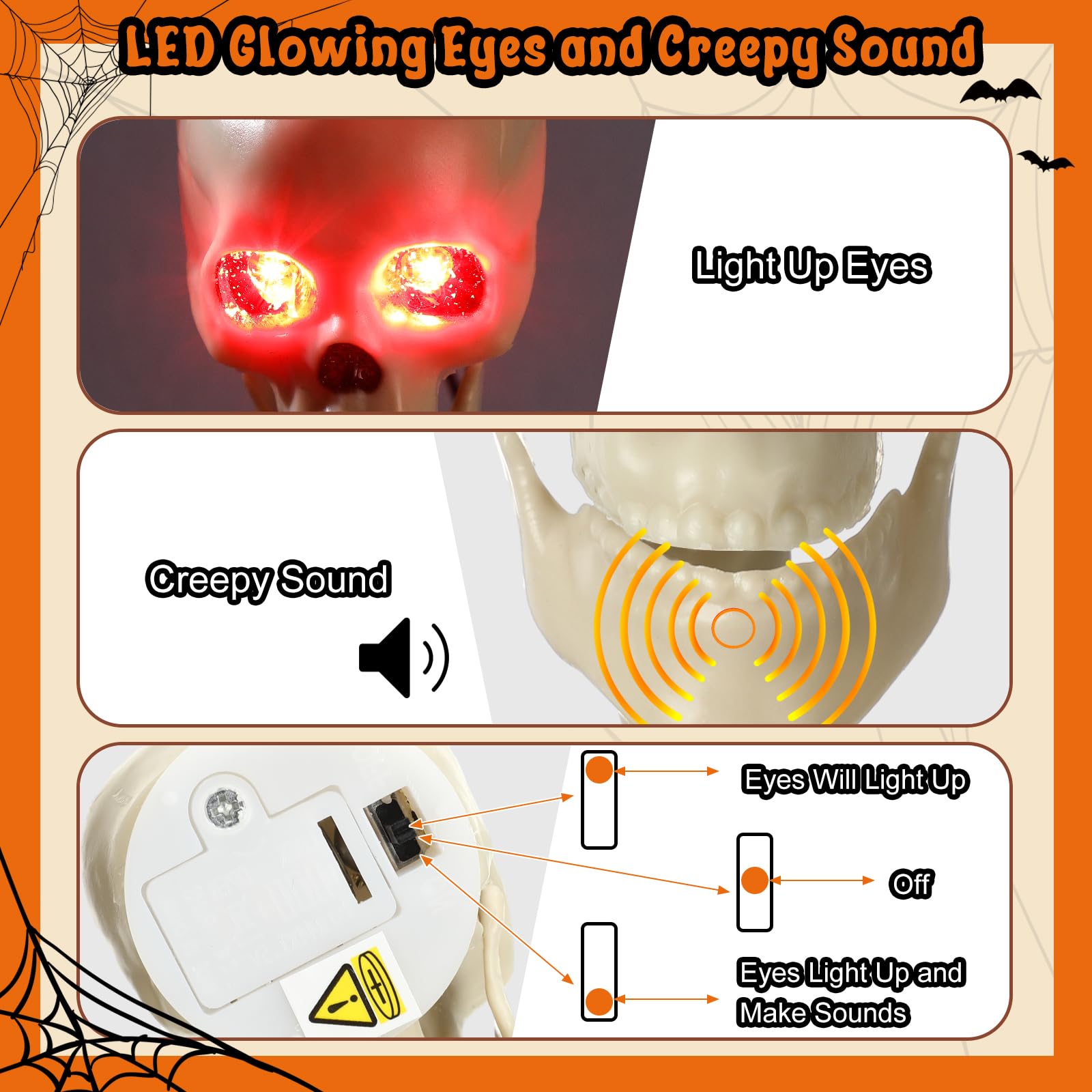 Burbell 16pcs Halloween Skeleton Full Body Posable 16 Small Size Skeleton with LED Glowing Eyes Creepy Sound Realistic Plastic S