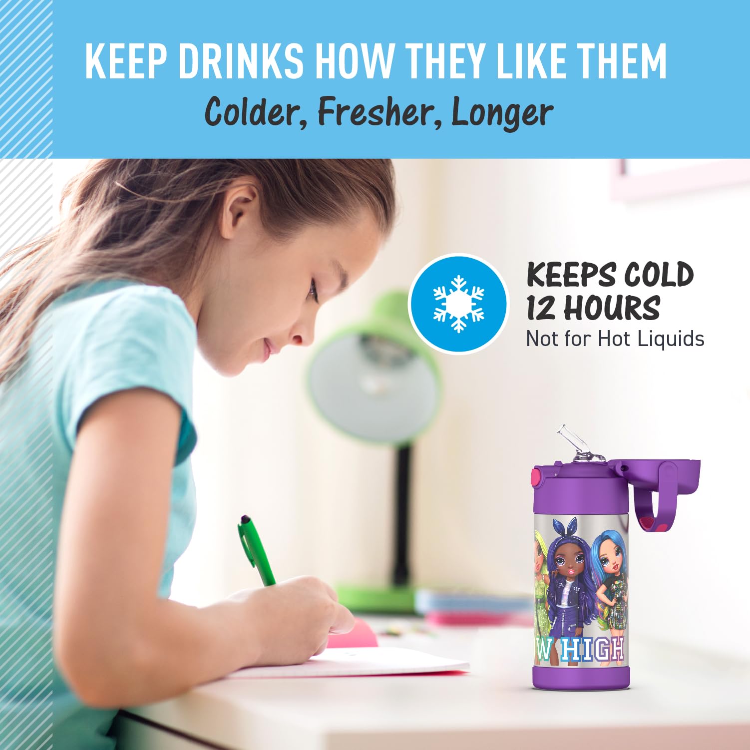 Thermos Funtainer 12 Ounce Stainless Steel Vacuum Insulated Kids Straw Bottle, Rainbow High