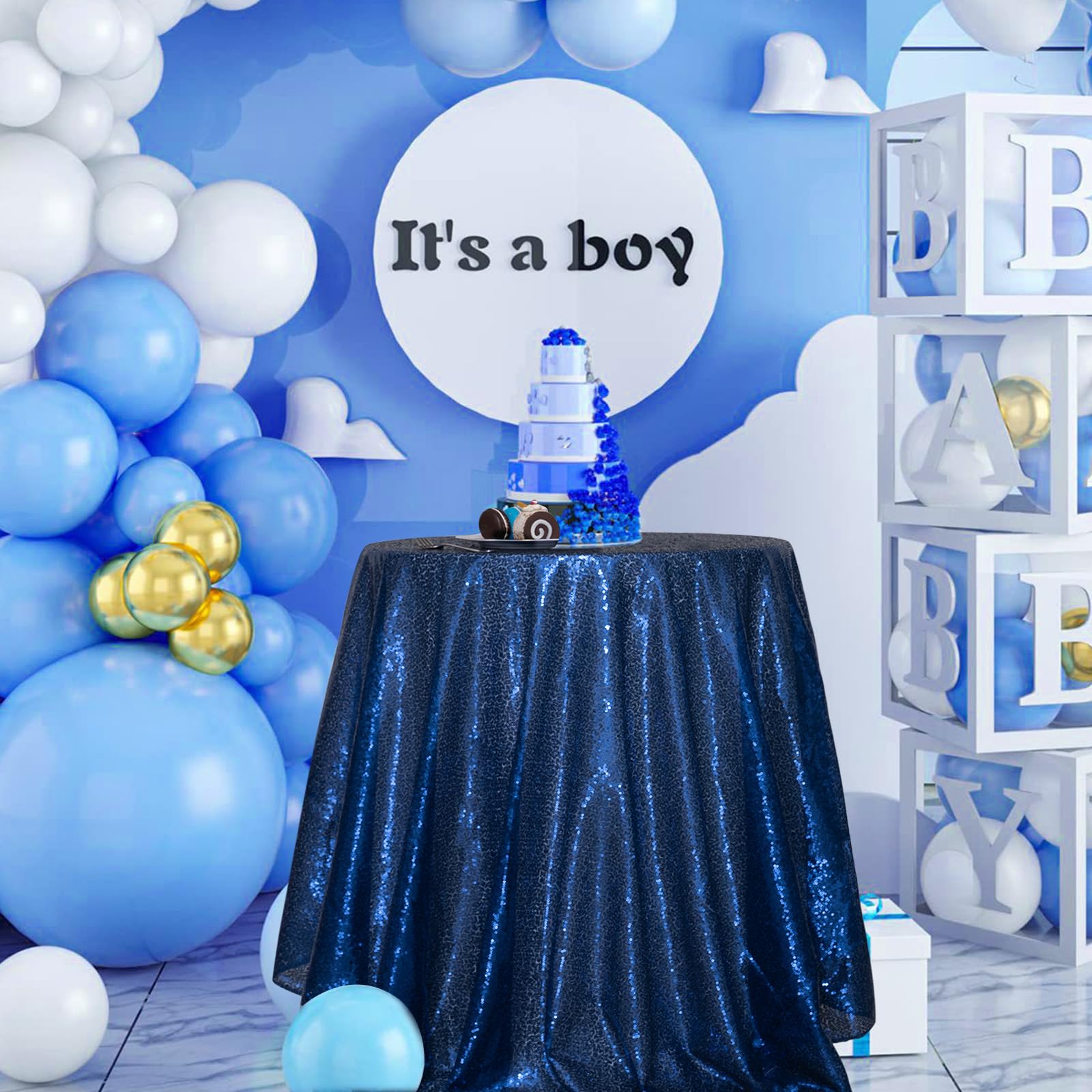 PartyDelight Sequin Tablecloth Navy Blue Round 50 for Wedding Party Birthday Bridal Baby Shower and Other Events Decorations