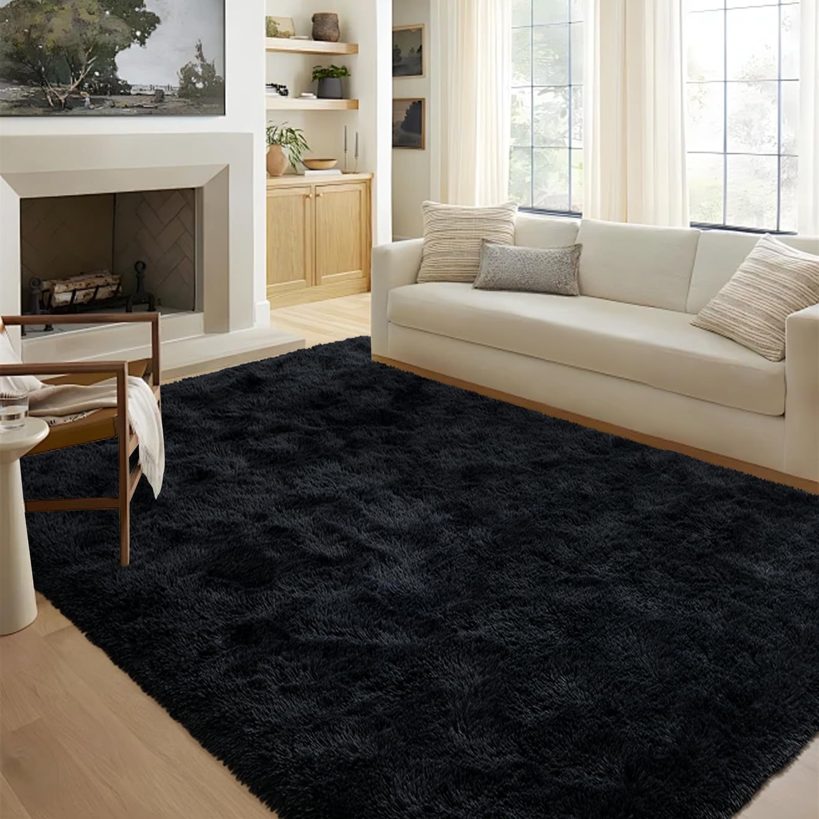 5x8 Ft Black Rugs for Bedroom Living Room, Soft Modern Indoor Fuzzy Shaggy Area Rug, Non-Slip Fluffy Furry Rug for Teen Girls an
