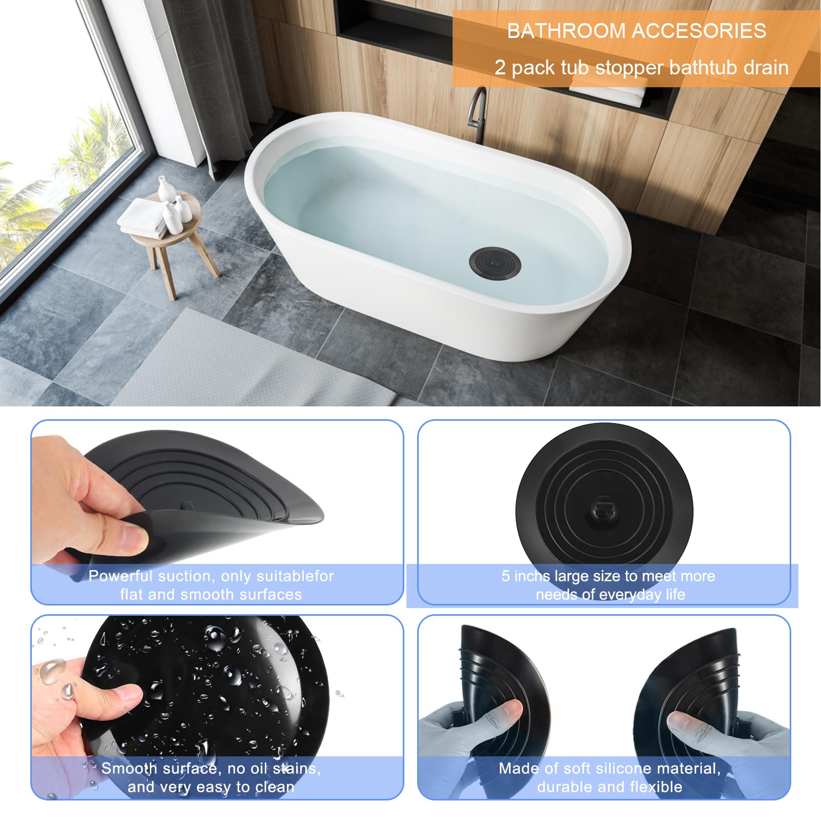 V-Top Bathtub Drain Stopper 2 Pack, 5 Inches Silicone Tub Stopper Shower Drain Cover, Bath Tub Plug Hair Stopper,Universal Flat