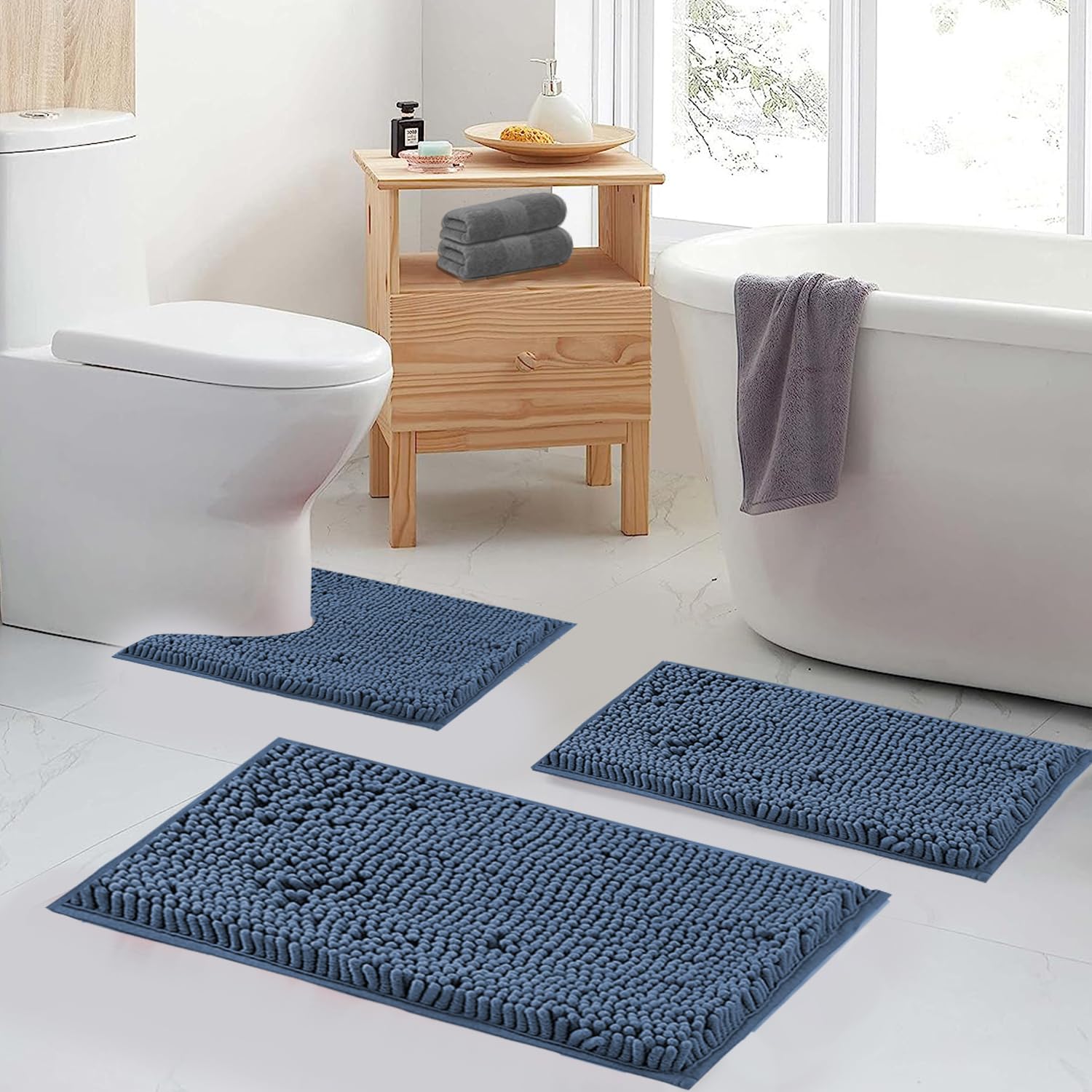 Blue Bathroom Rugs Chenille Bath Mats Set 2 Piece Extra Soft And Absorbent Shaggy Rugs, Machine Wash And Dry, Perfect Plush Bath