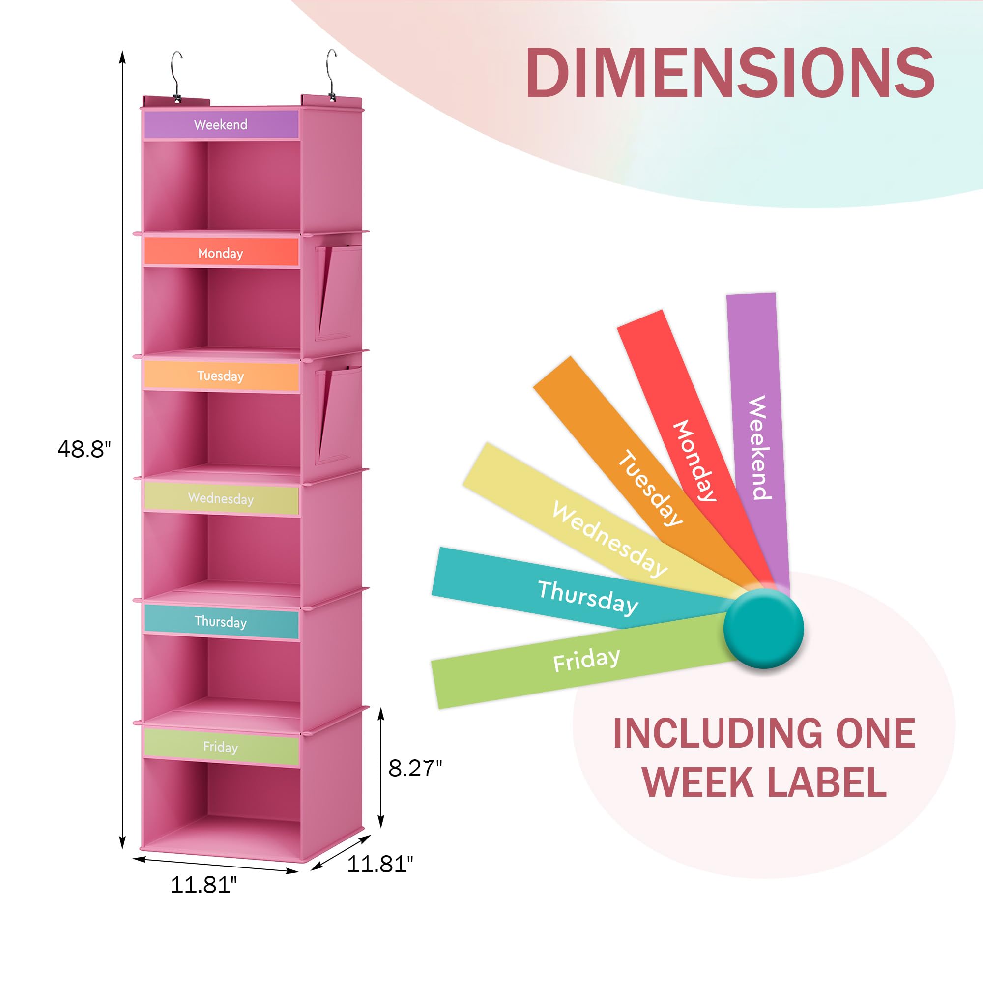 Youdenova 6-Shelf Weekly Hanging Closet Organizer, Weekly Clothes Organizers For Kids With 2 Side Pockets, Pink