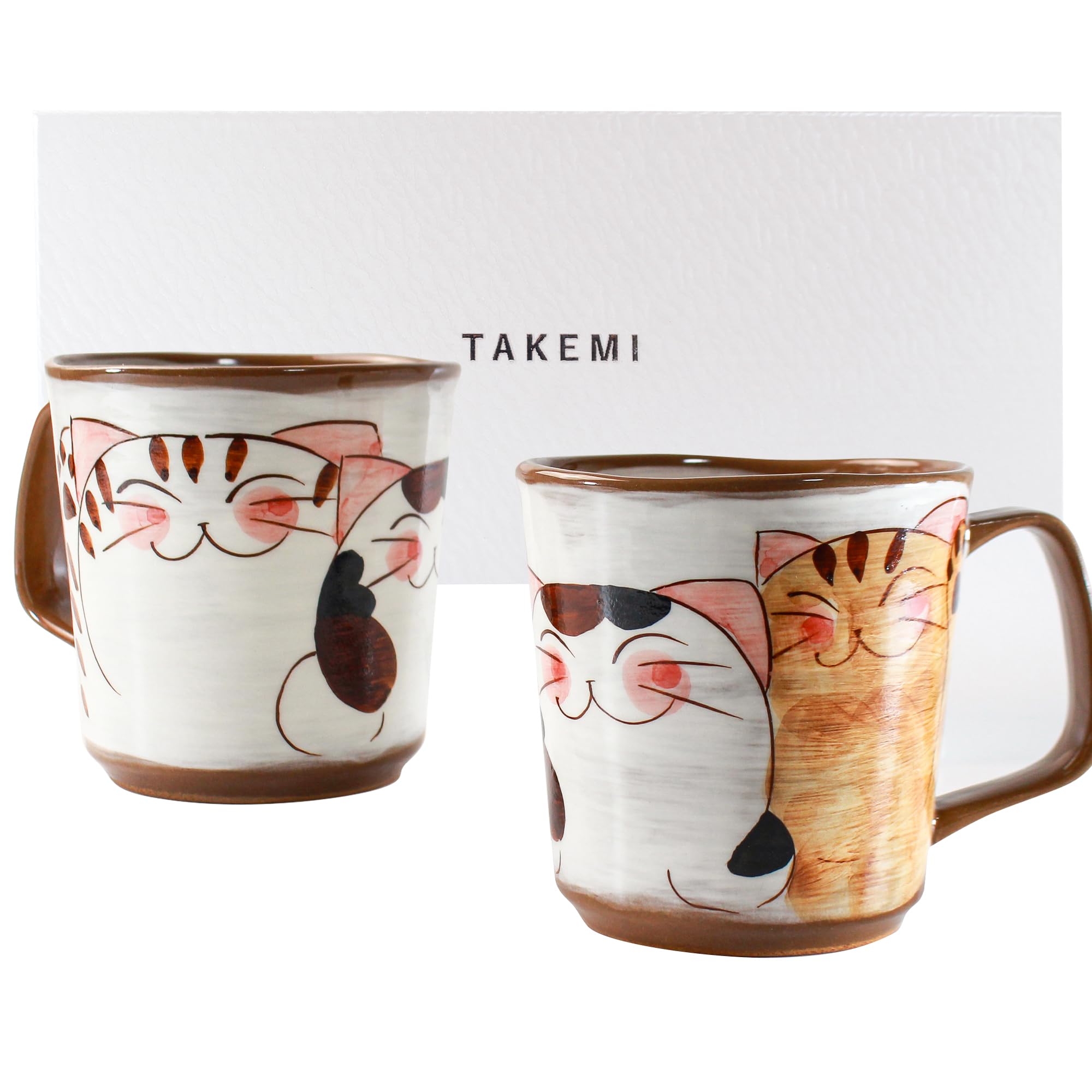 Arita yaki (Ware) Japanese Cat Mug, Set of 2, 12 fl oz (350 ml), Handmade Ceramic Mug, Made in Japan, Comfort Grip Handle, For C