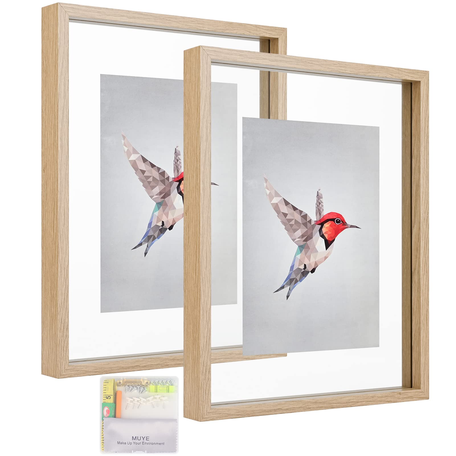 MUYE 11x14 Floating Frame Set of 2,Double Glass Rustic Frame,Display Any Size Photo up to 11x14,Wall Mount or Tabletop Standing,