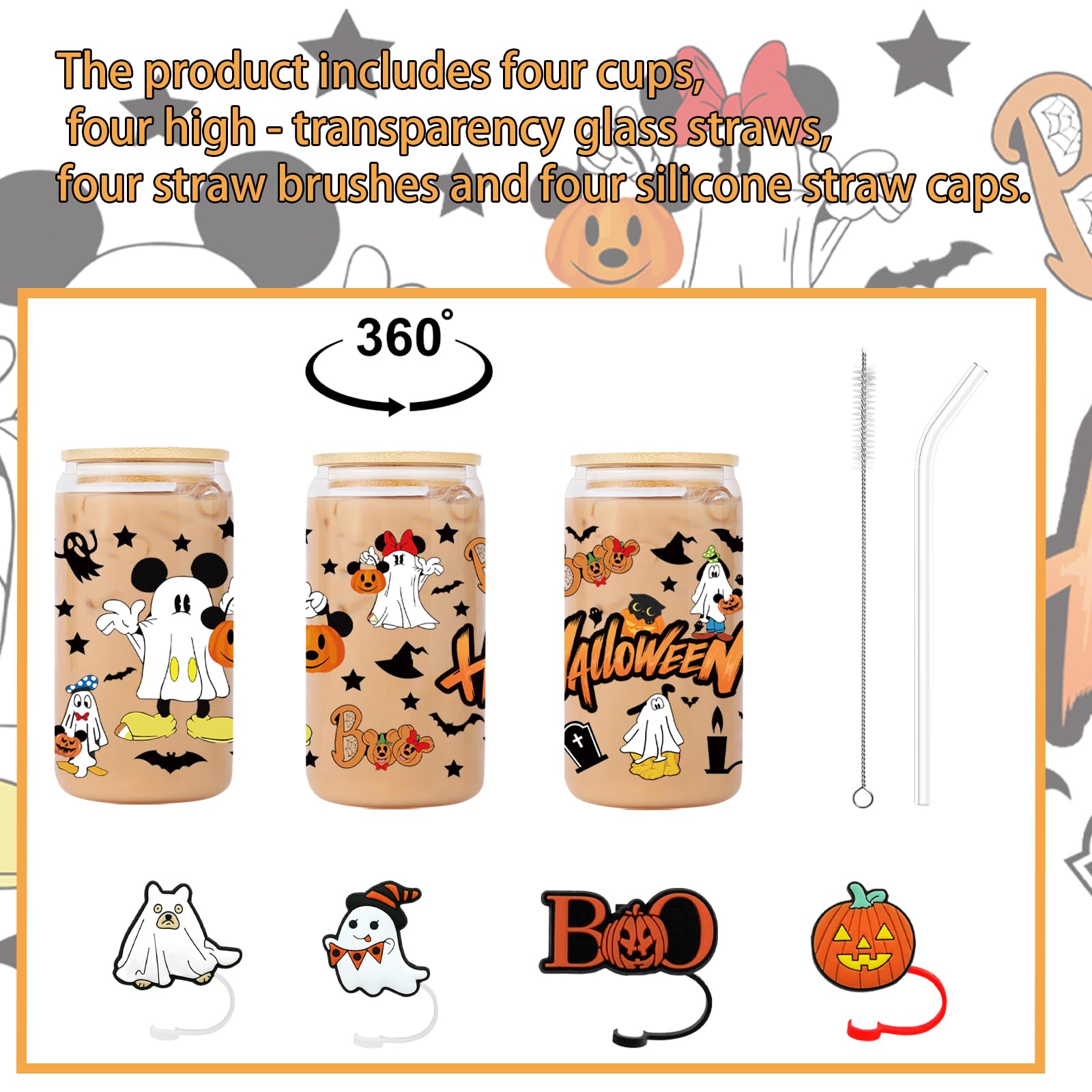 qiyeyeye 4Pcs 16oz Halloween Ghost Glass Cups with Lids and Straws, Cute Mouse and Pumpkin Pattern Design, Iced Coffee Tumblers,