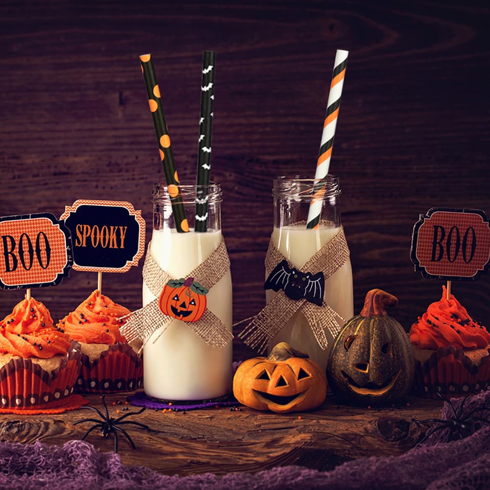 ALINK 100 Counts Halloween Paper Straws  10 Styles Black White Orange Purple Biodegradable Party Drinking Straws with Stripe  Wave  Dots  Skull Head  Ghost  Bats  Pumpkin  Spider Design