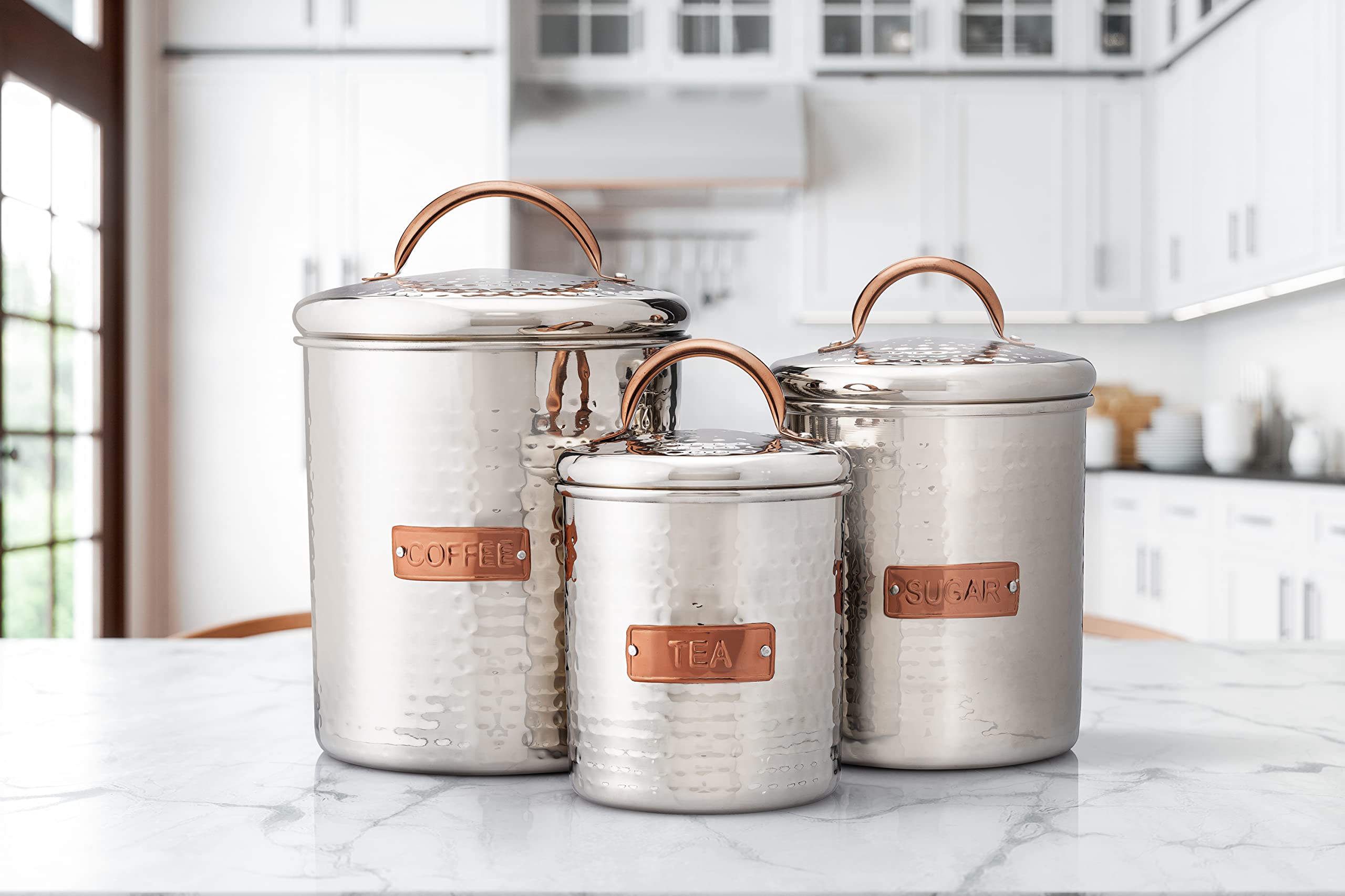 Old Dutch International 3 Pc Stainless Steel W/Copper Finish Handle & Badge, Tea, Coffee, Sugar Canister Set, Silver/Wood