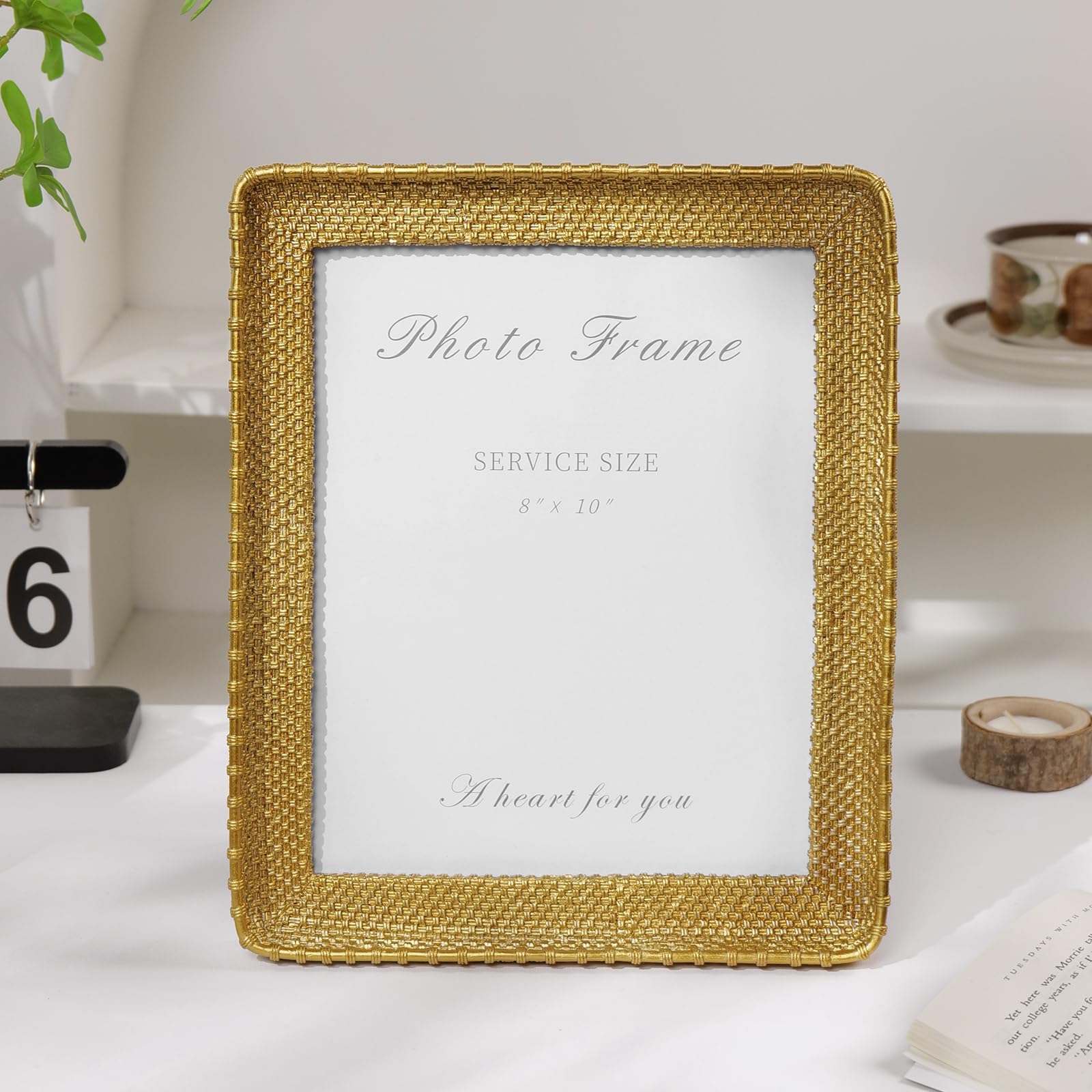 Cuspin 8x10 Picture Frame Gold, Vintage Gold Frames Rattan Textured Hand-Crafted Resin Photo Frame with Glass Front for Tabletop