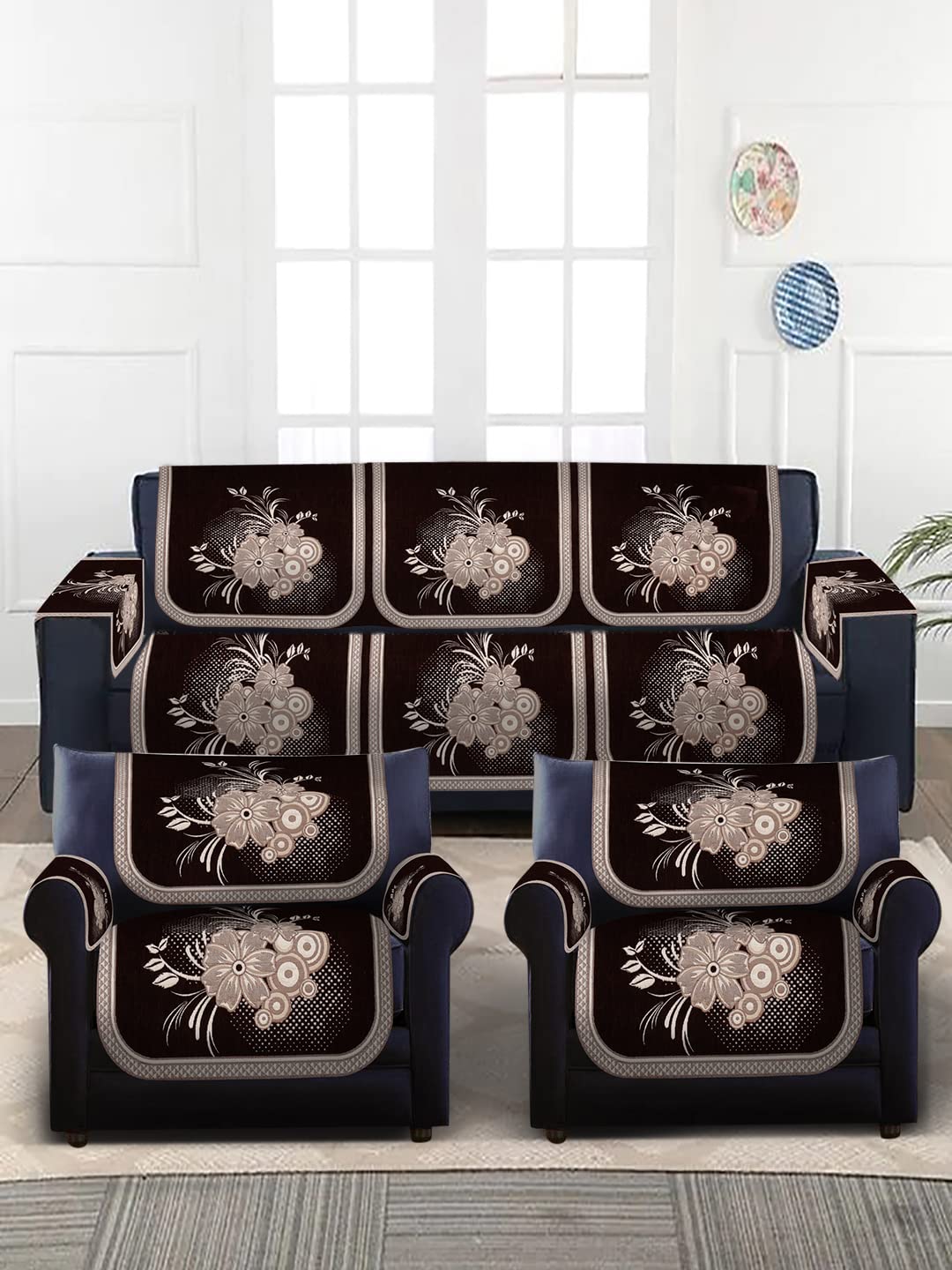 Multitex 5 +Armseater Printed Jaquard Ethnic Design Sofa Coverset-Coffee (Coffee)