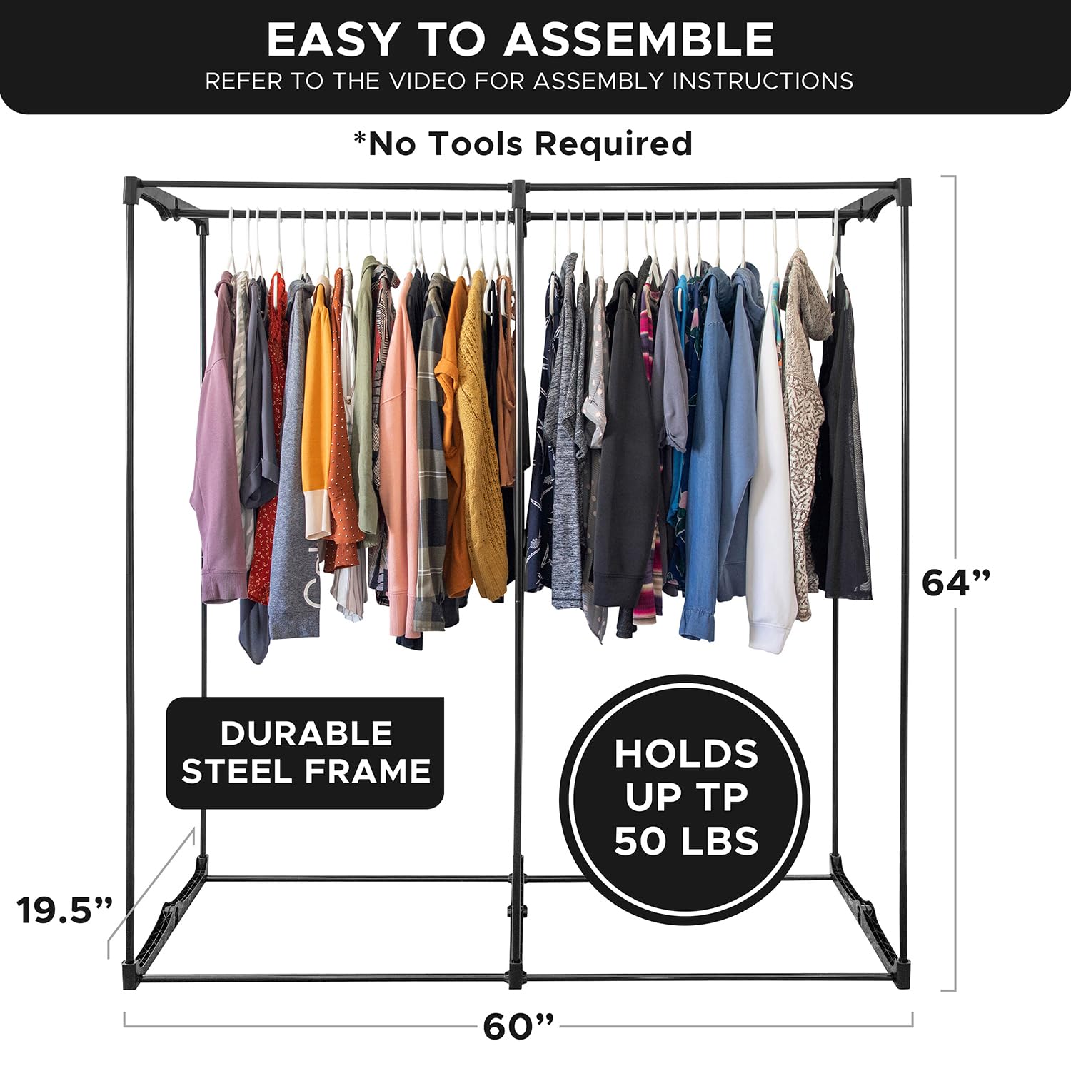 Holdn Storage Portable Wardrobe Closet, Large - Premium Heavy Duty Metal Hanging Rod With Black Cover- 50 Lb. Weight Capacity- S