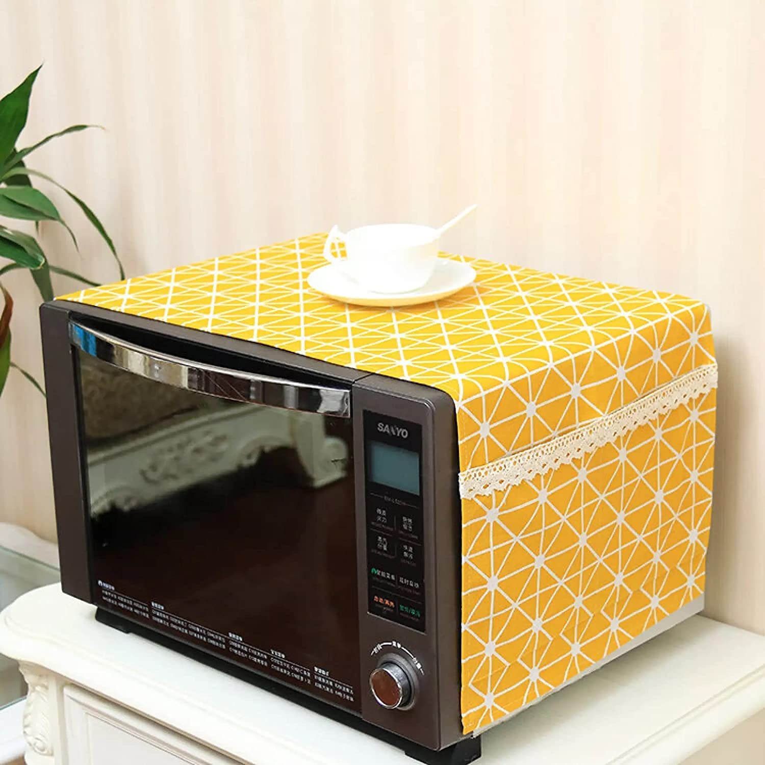 Zeinwap Microwave Oven Dust Proof Cotton Linen Striped Cover With Side Pouch Kitchen Storage Bags  83 X 35 Cm (Yellow, Pack Of 