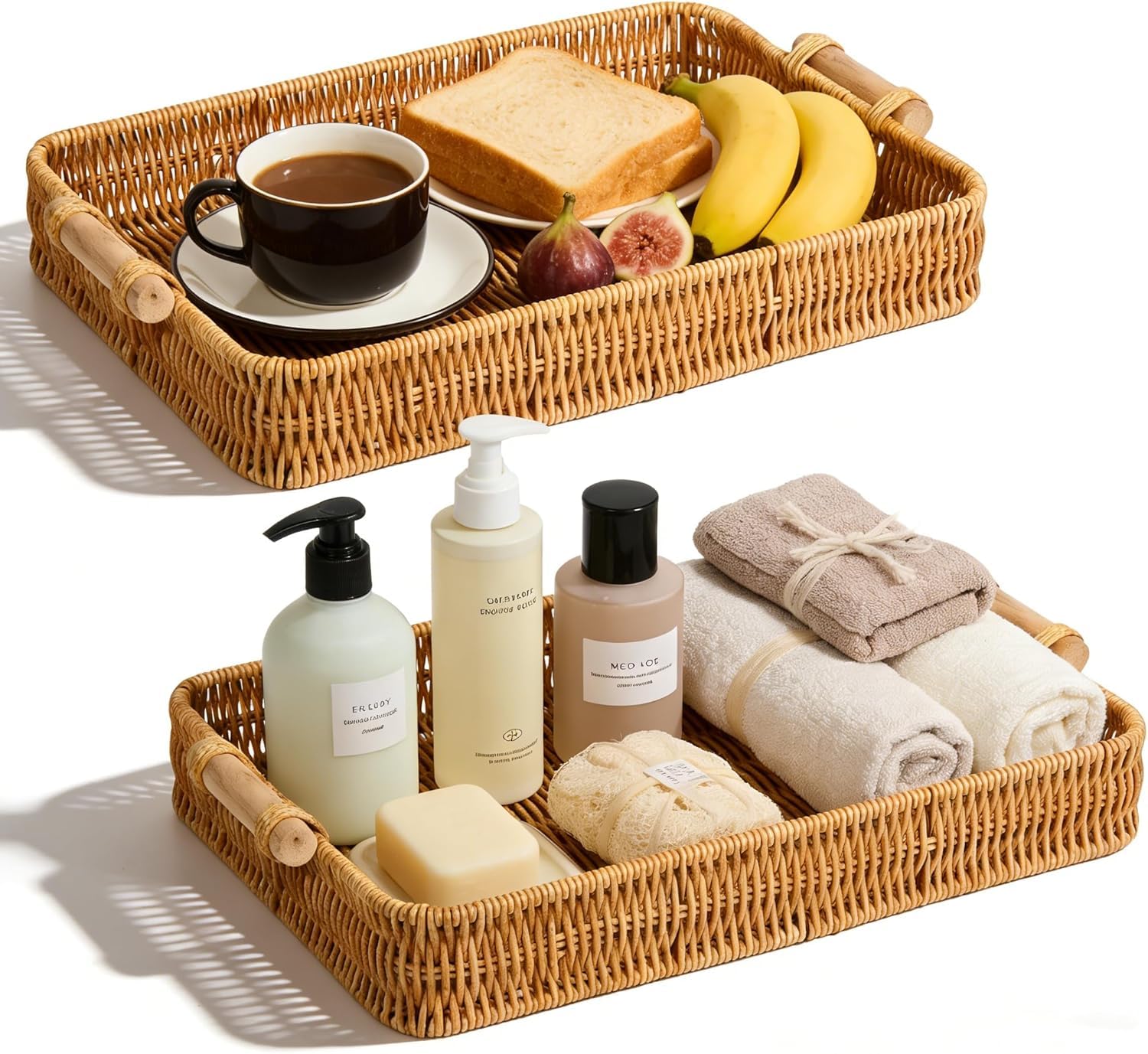 Ndola Rectangular Woven Serving Tray Set Of 2, Handwoven Rattan Storage Basket With Wooden Handles, Decorative Wicker Organizer 