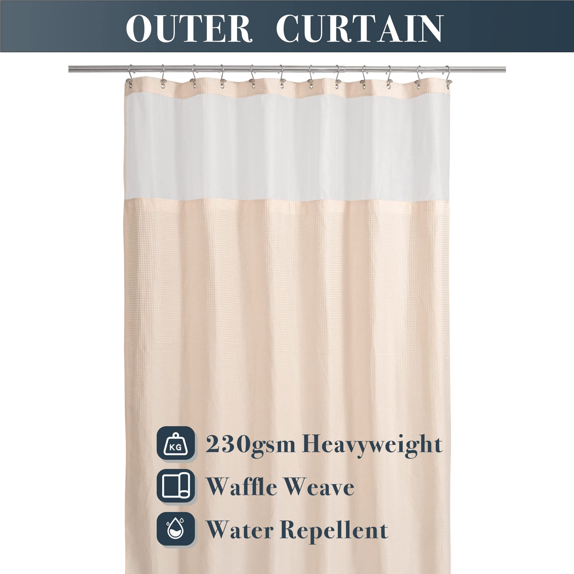 N&Y HOME Waffle Weave Pink Shower Curtain with Snap-in Fabric Liner & 12 Metal Hooks Set - Hotel Style  Waterproof & Washable  Heavyweight Fabric & Mesh Top Window - 71x72  Rosewater Pink