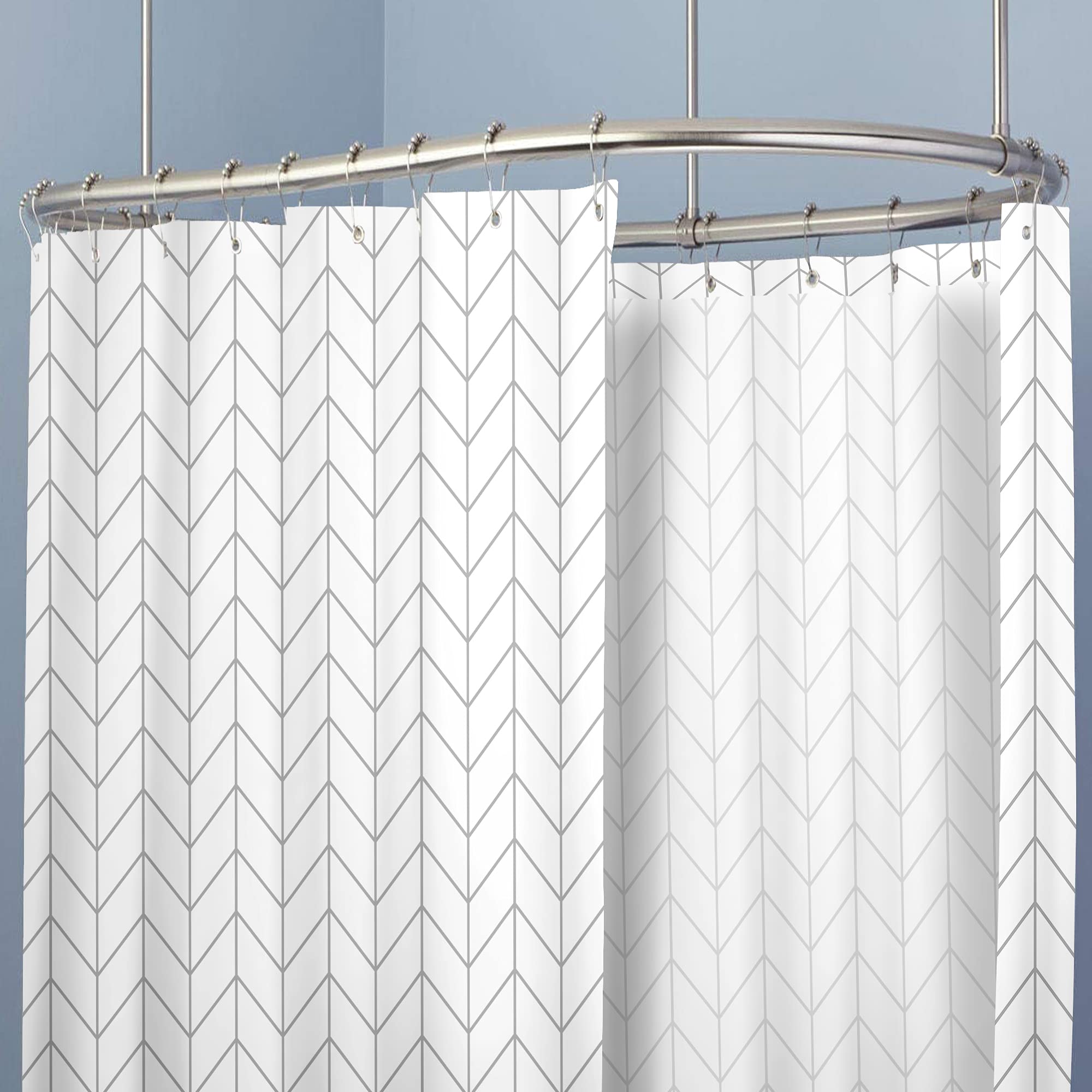 Riyidecor Clawfoot Tub Chevron Shower Curtain 180x70 Inch Bathtub All Around Wrap Around White Grey Gray Herringbone Round Freestanding Surround Oval Polyester Fabric Extra Wide with 32 Metal Hooks
