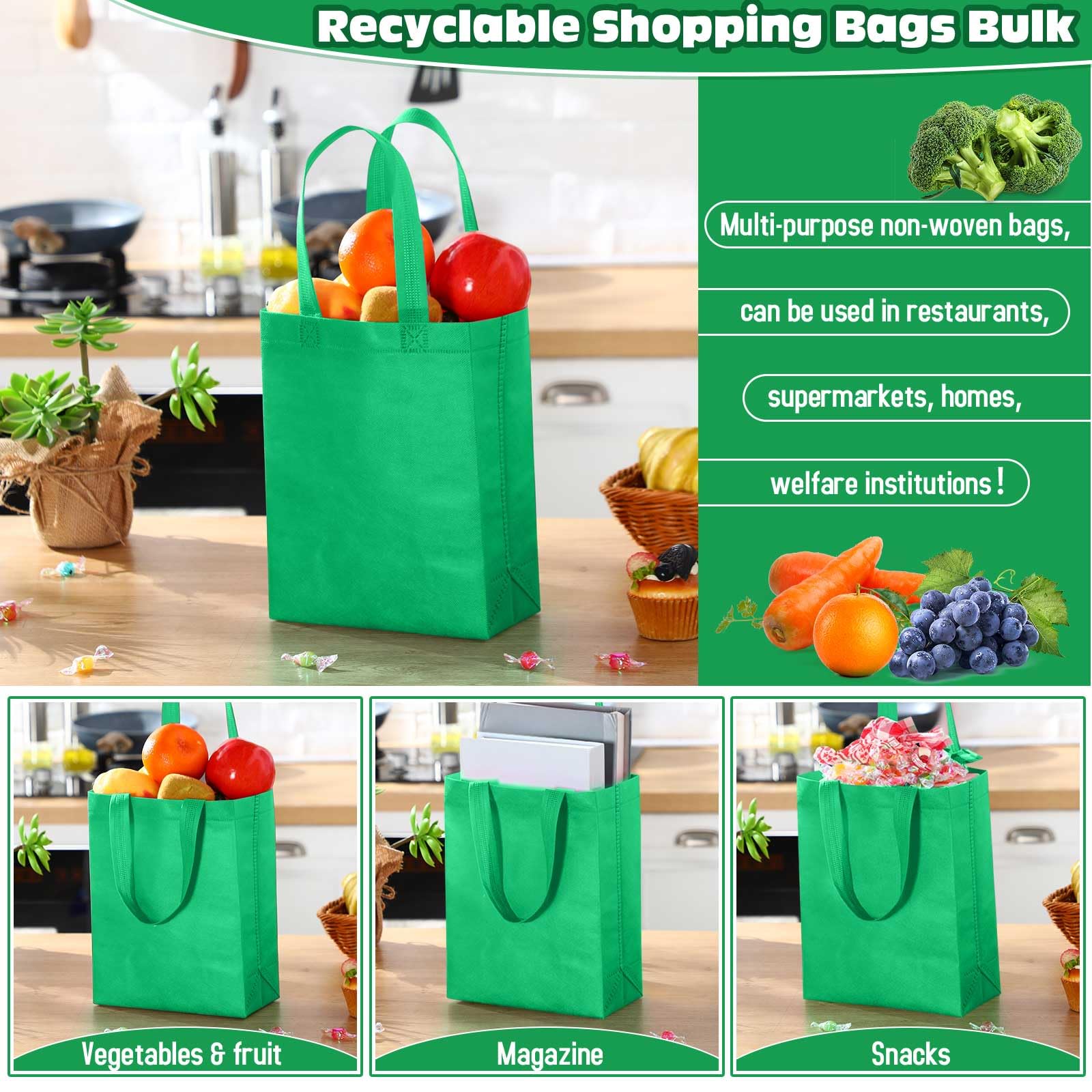 Windyun 50 Pcs Reusable Tote Bag Bulk 8 x 4 x 10 Inch Non Woven Shopping Bag with Handle Christmas Reusable Grocery Gift Tote(Gr