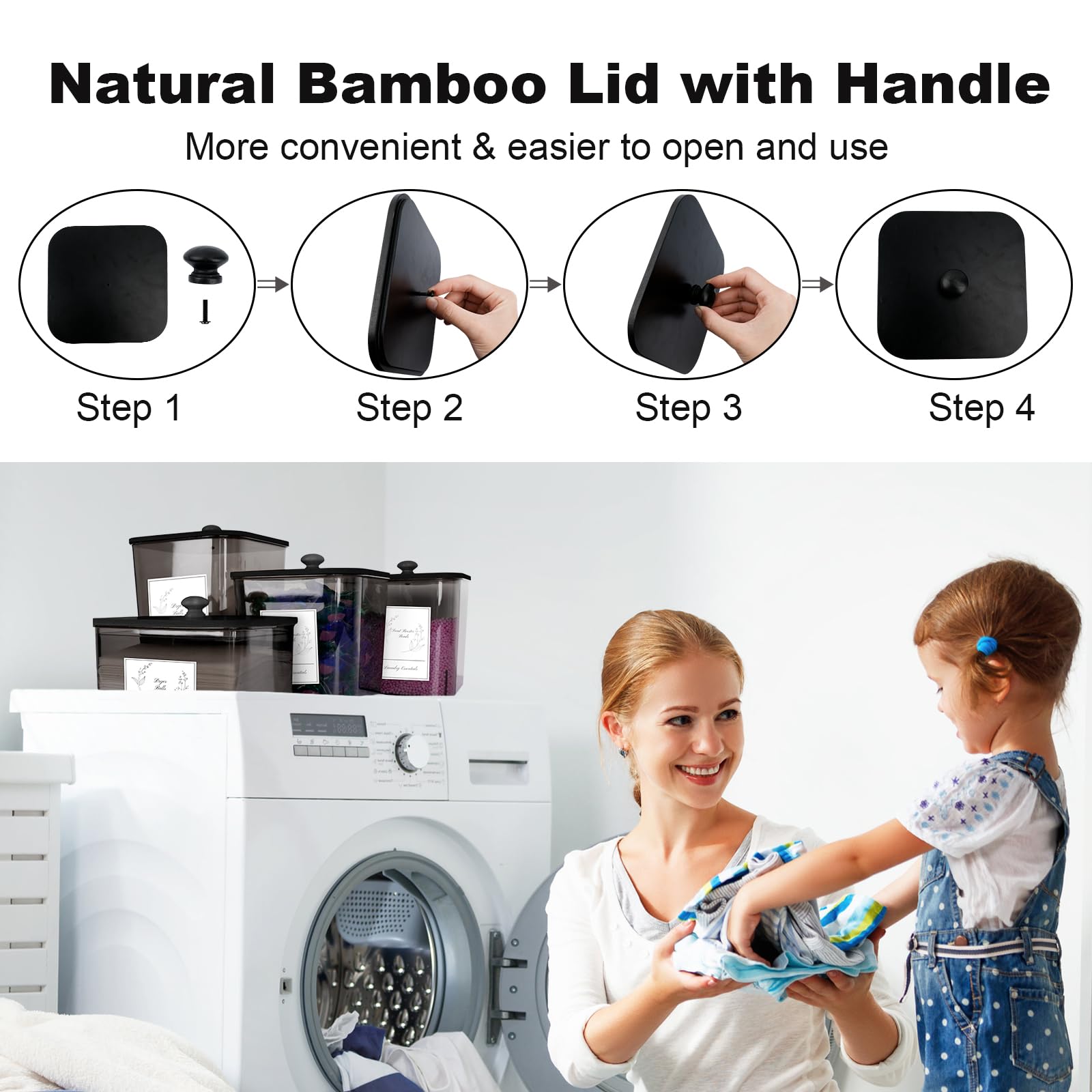 Zingbee 4 Pack Laundry Detergent Containers & Dryer Sheet Holder With Black Lids, Scoops & Labels - Plastic Laundry Organizer An