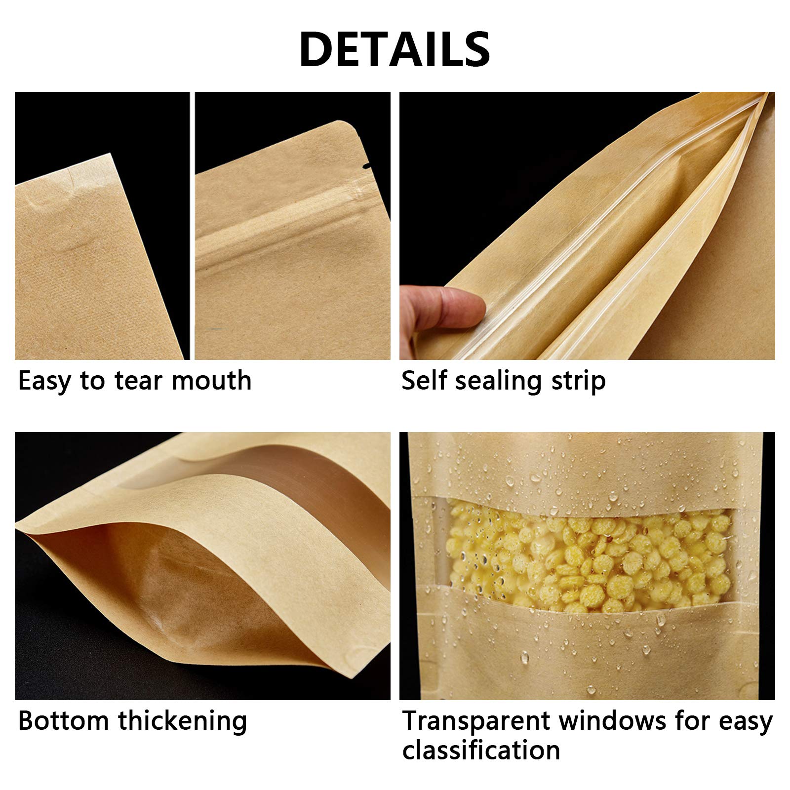 100 Pcs Resealable bags 3.5'' x 5.5'' Stand Up Kraft Paper Bags with Matte Window  Zip Lock Food Storage Bags for Packaging Products  Reusable  Sealable