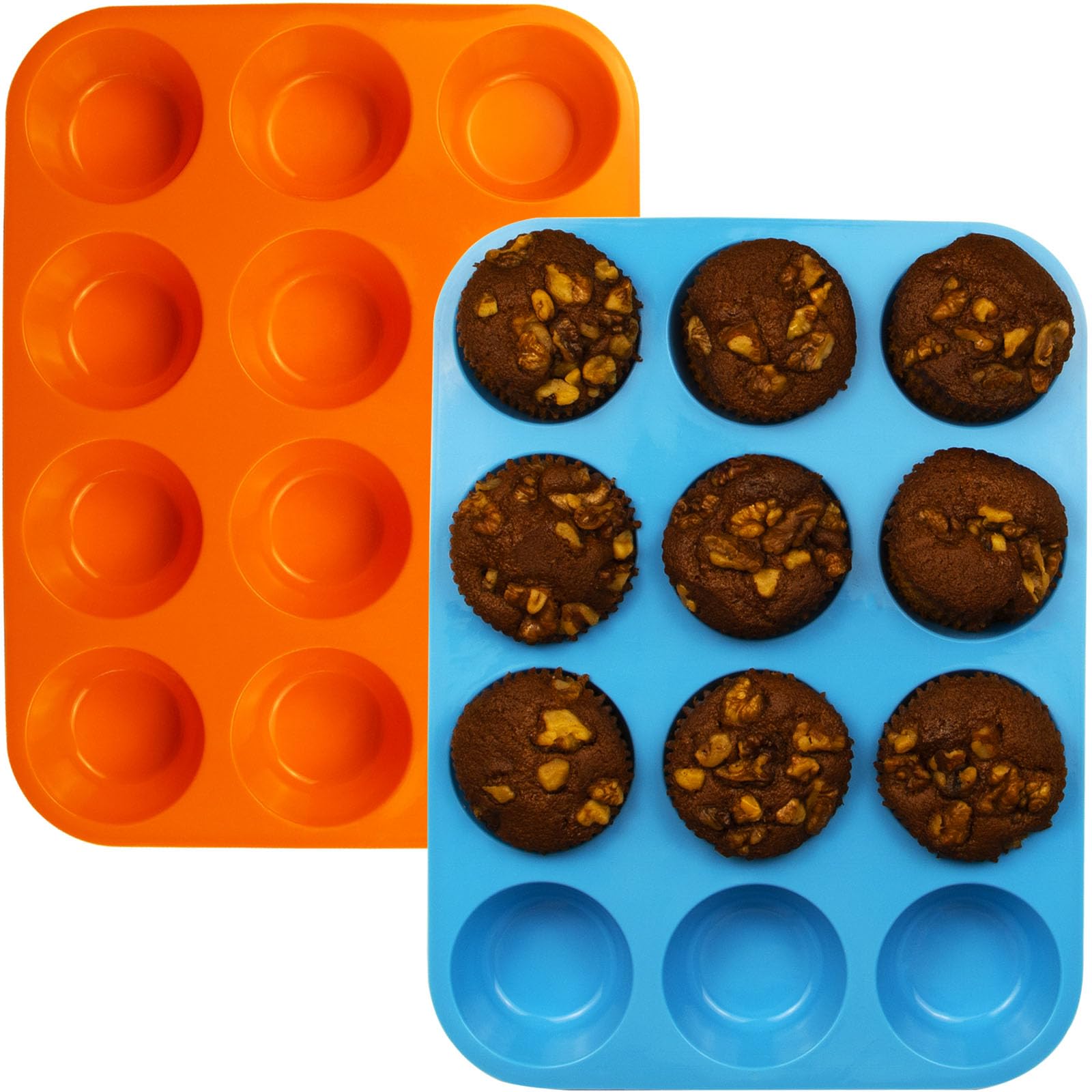 LERIYUFS 12 Cups Silicone Mini Muffin Pan Set, Nonstick Mini Cupcake Pans, BPA Free Small Muffin Tin for Baking, Set of 2 (Blue+