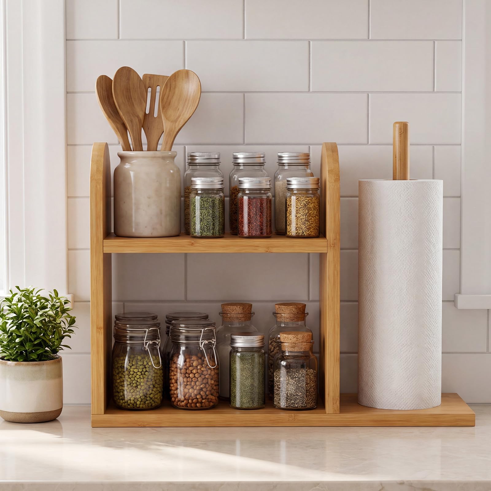 Leinuosen 2 Tier Bamboo Spice Rack Organizer with Paper Towel Holder