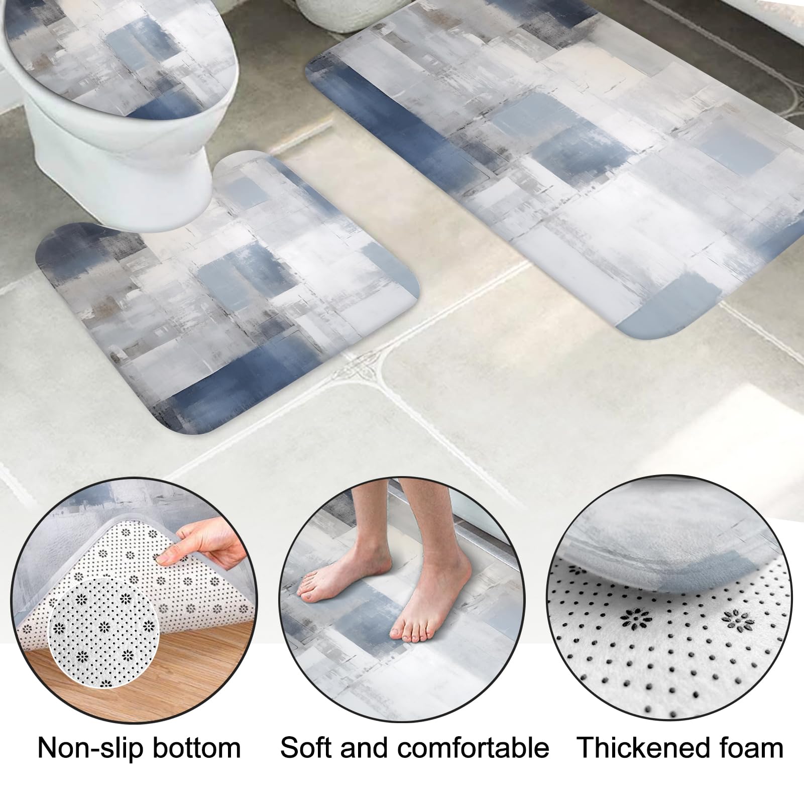 Lnond 4Pcs Bathroom Shower Curtain Sets With Rugs,Blue Grey Abstract Bathroom Sets With Shower Curtain And Rugs And Accessories