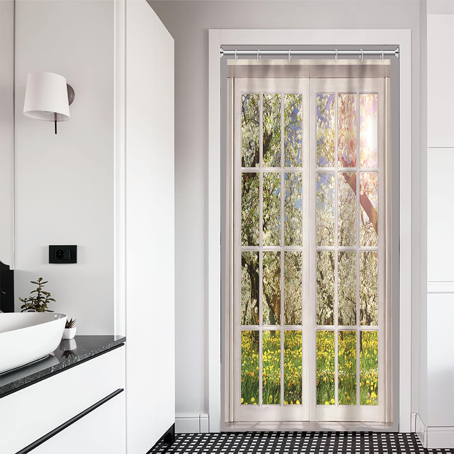 Ruelvth Stall Shower Curtain, Window View Of Spring Floral Small Shower Curtain Set For Bathroom Waterproof Fabric Green And Whi